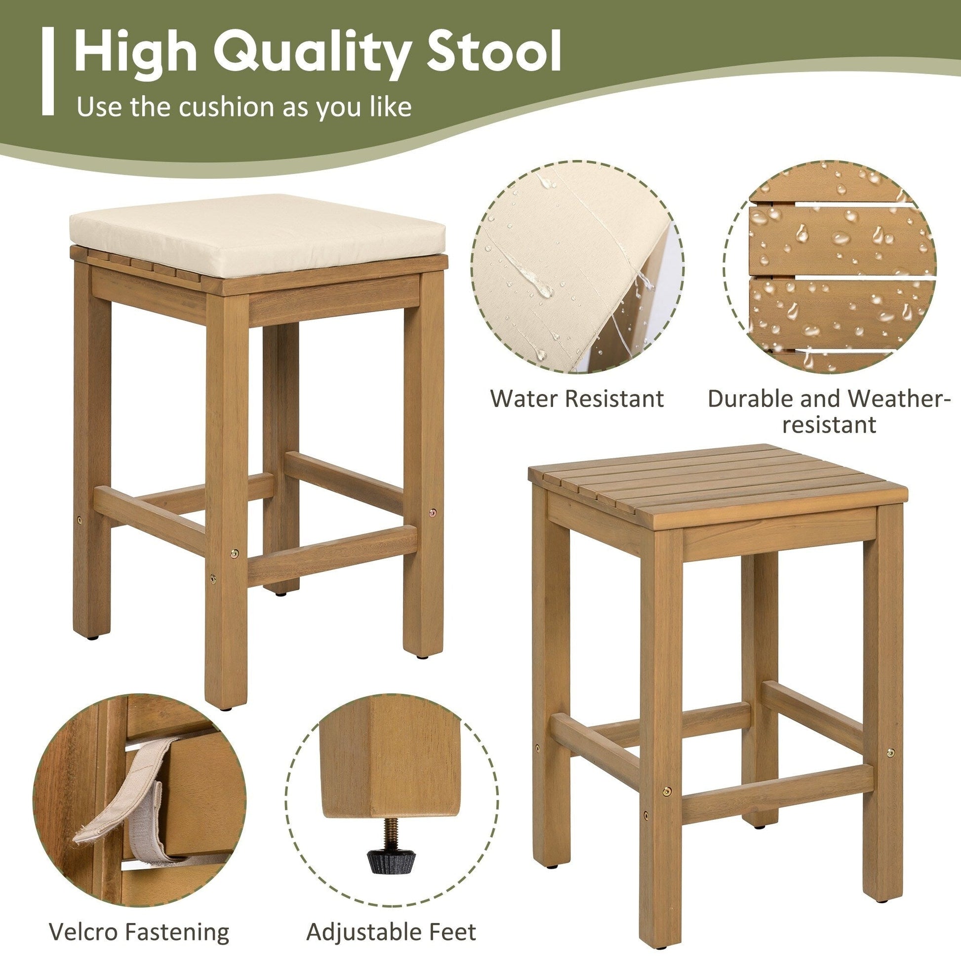 Ensemble de patio 5 pièces en bois d'acacia de hauteur bar avec tabourets rembourrés