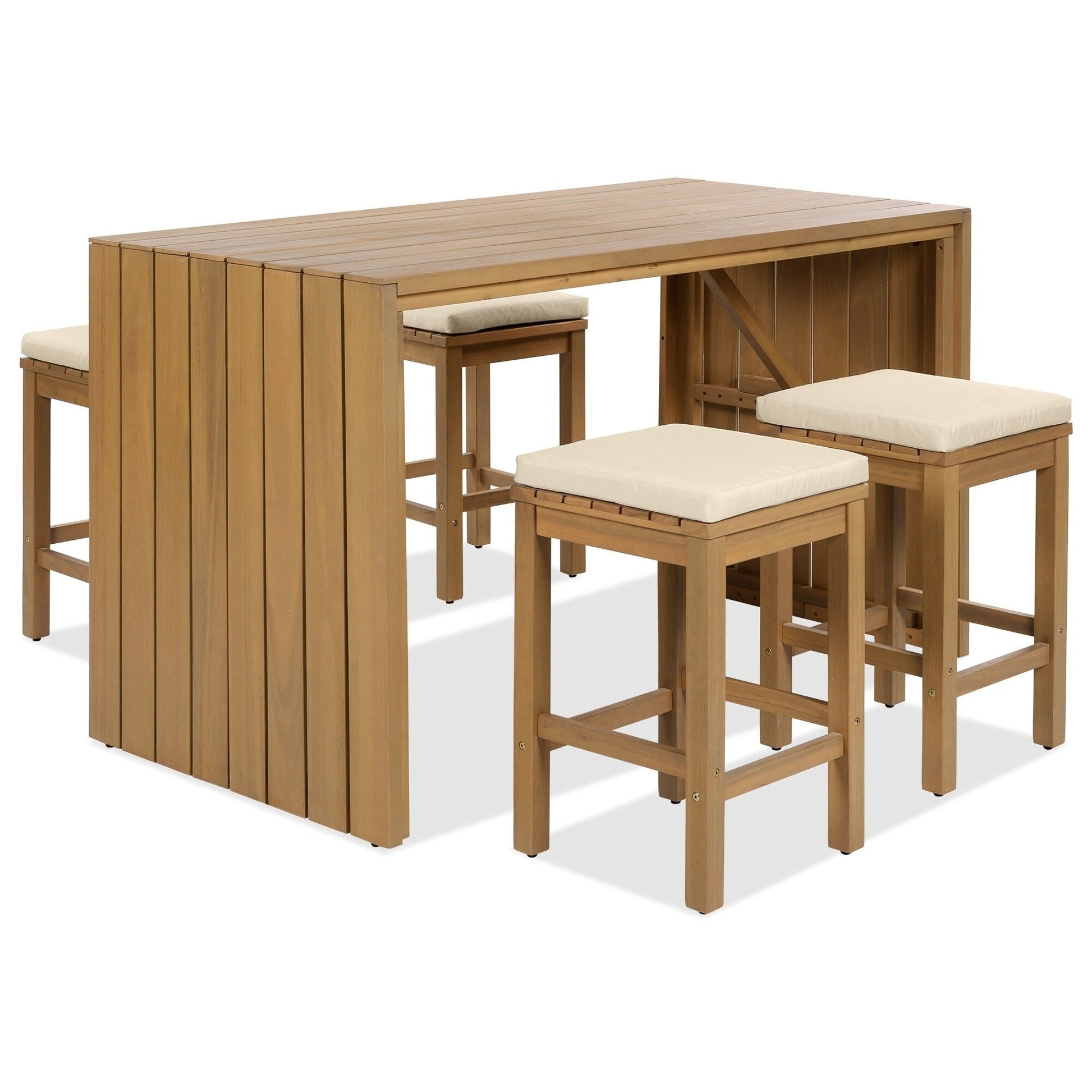 Ensemble de patio 5 pièces en bois d'acacia de hauteur bar avec tabourets rembourrés