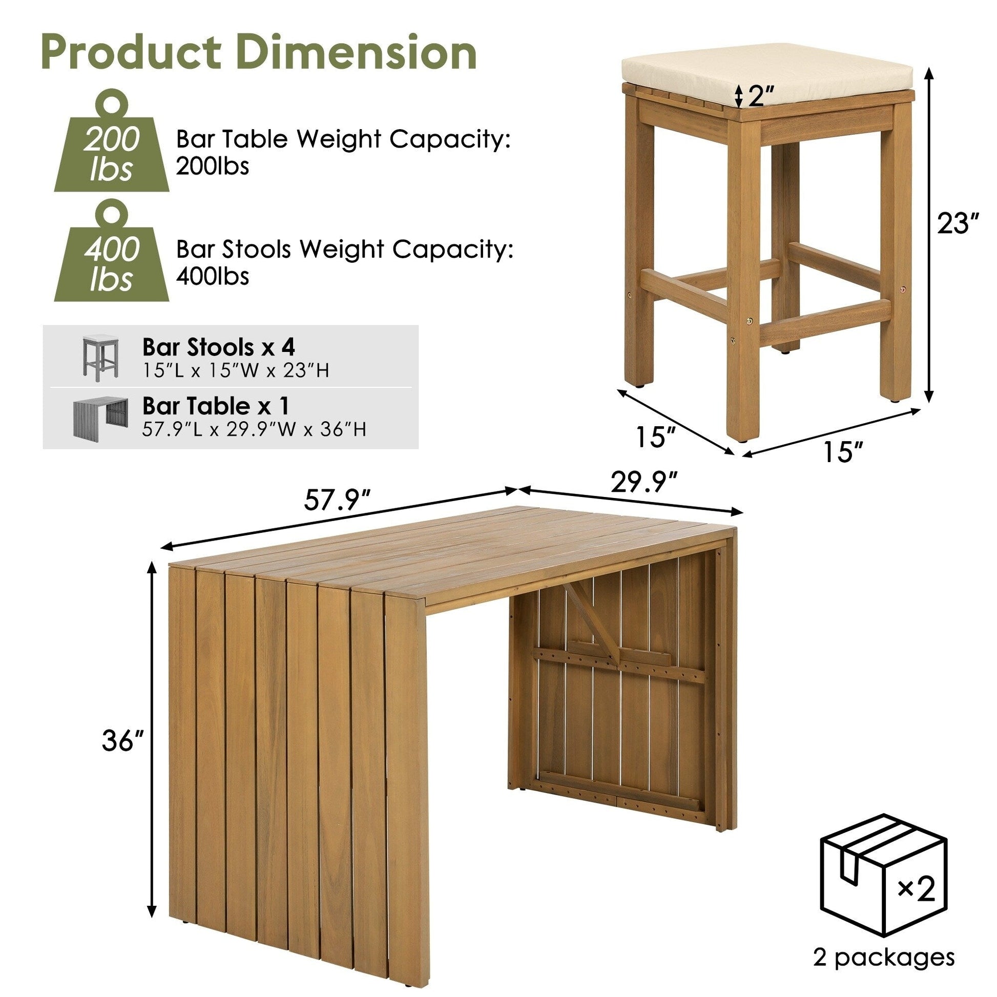 Ensemble de patio 5 pièces en bois d'acacia de hauteur bar avec tabourets rembourrés