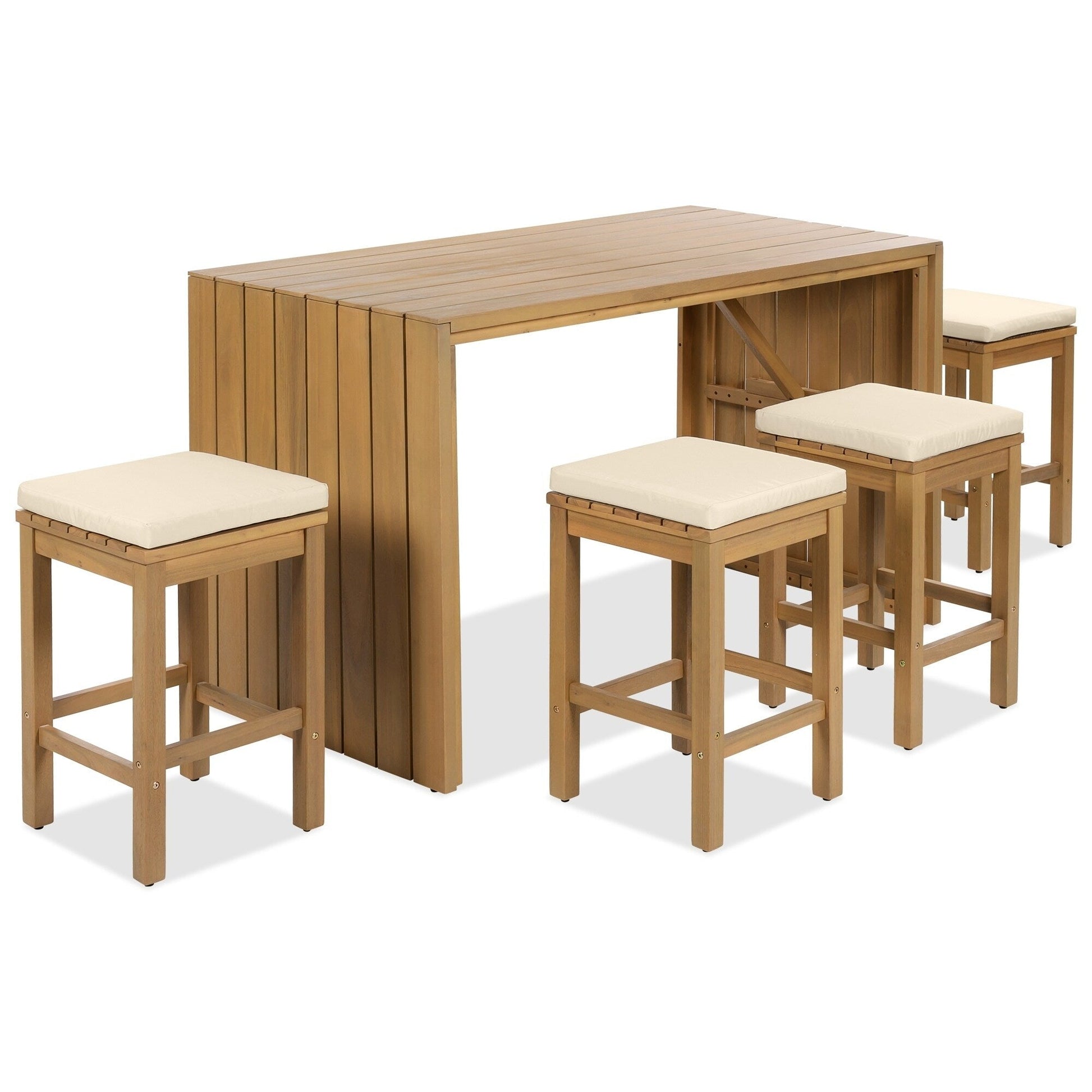 Ensemble de patio 5 pièces en bois d'acacia de hauteur bar avec tabourets rembourrés