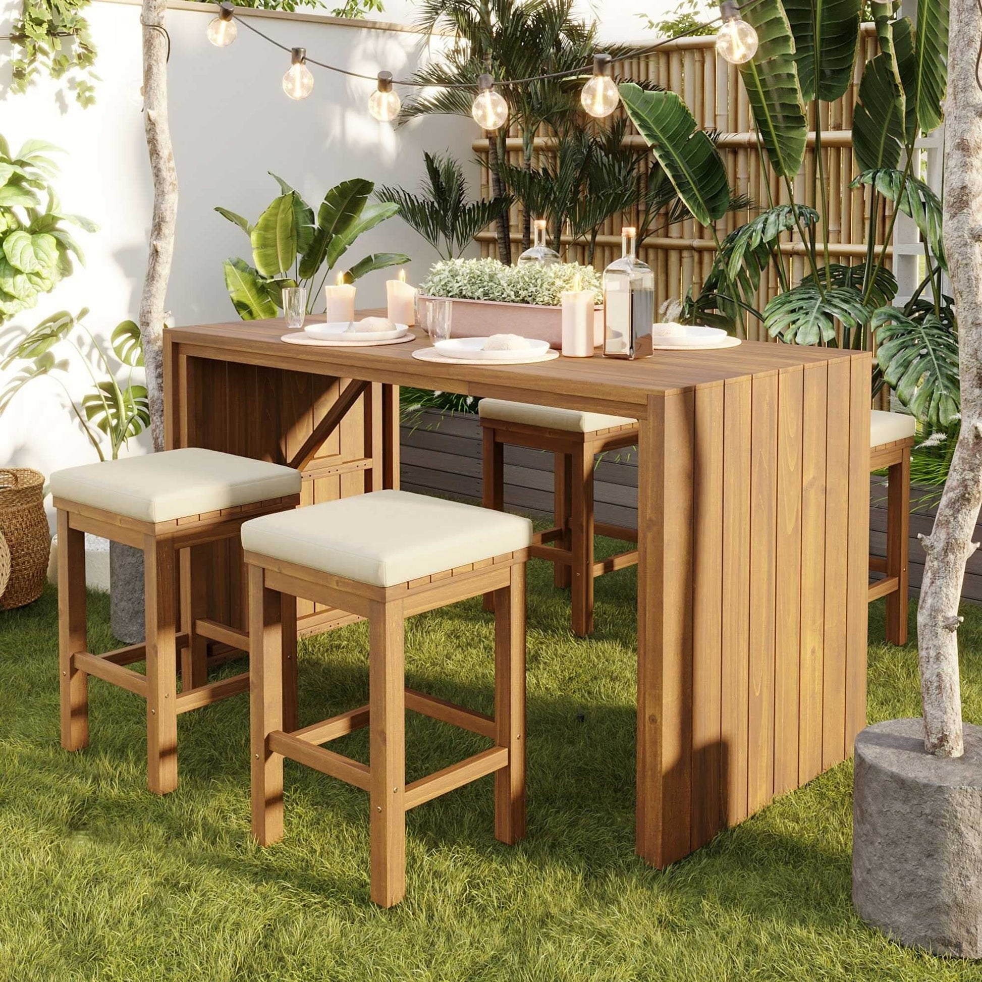 Ensemble de patio 5 pièces en bois d'acacia de hauteur bar avec tabourets rembourrés