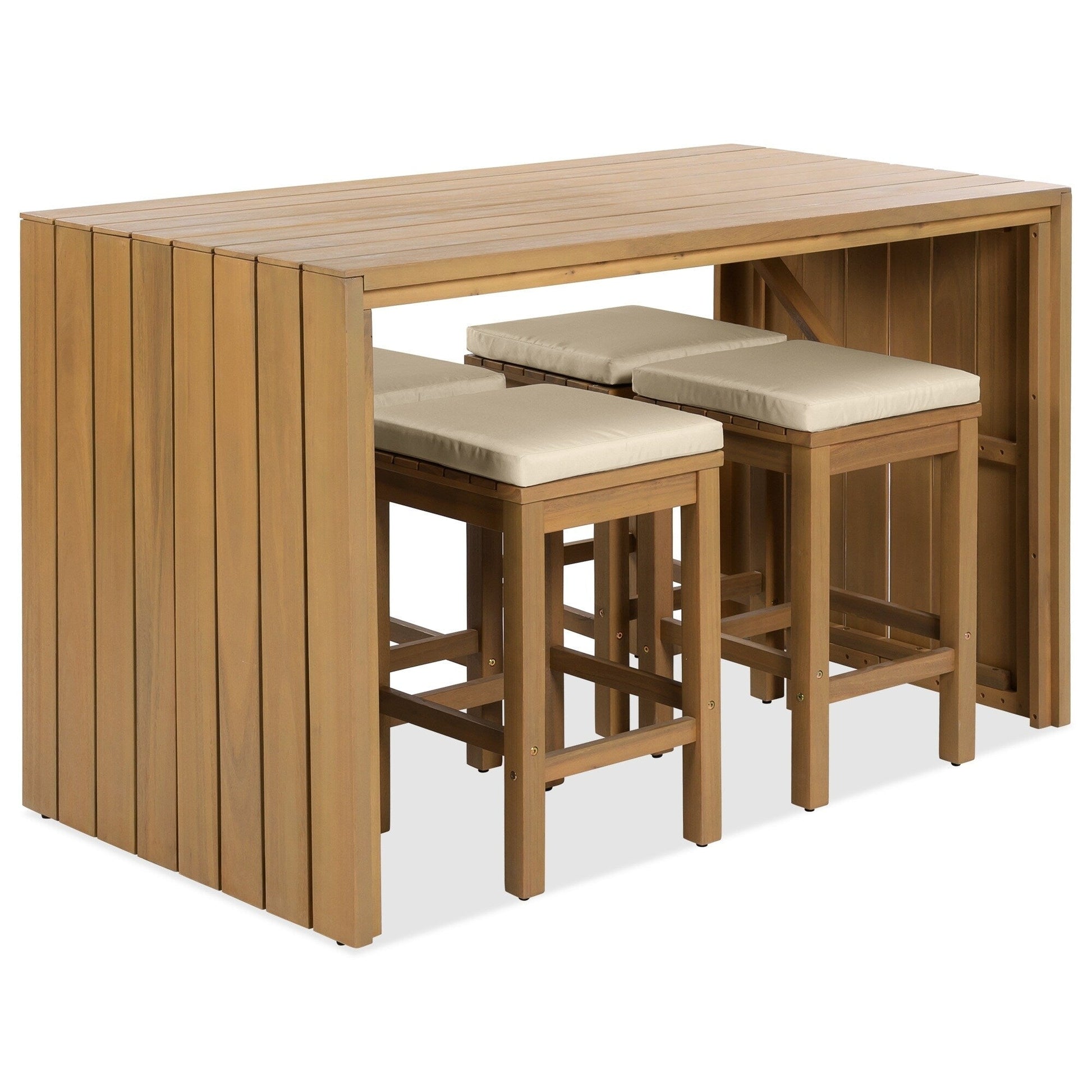 Ensemble de patio 5 pièces en bois d'acacia de hauteur bar avec tabourets rembourrés