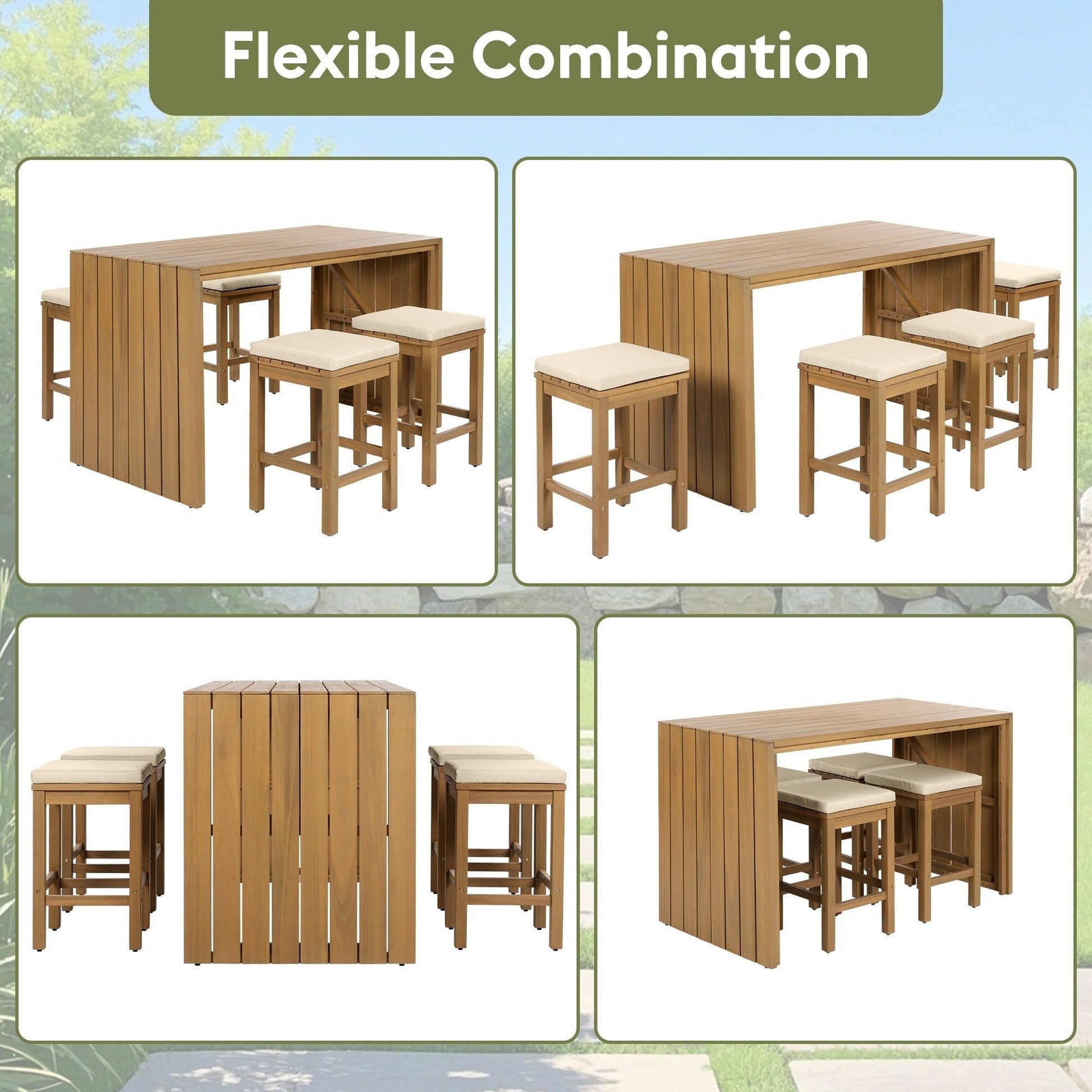 Ensemble de patio 5 pièces en bois d'acacia de hauteur bar avec tabourets rembourrés
