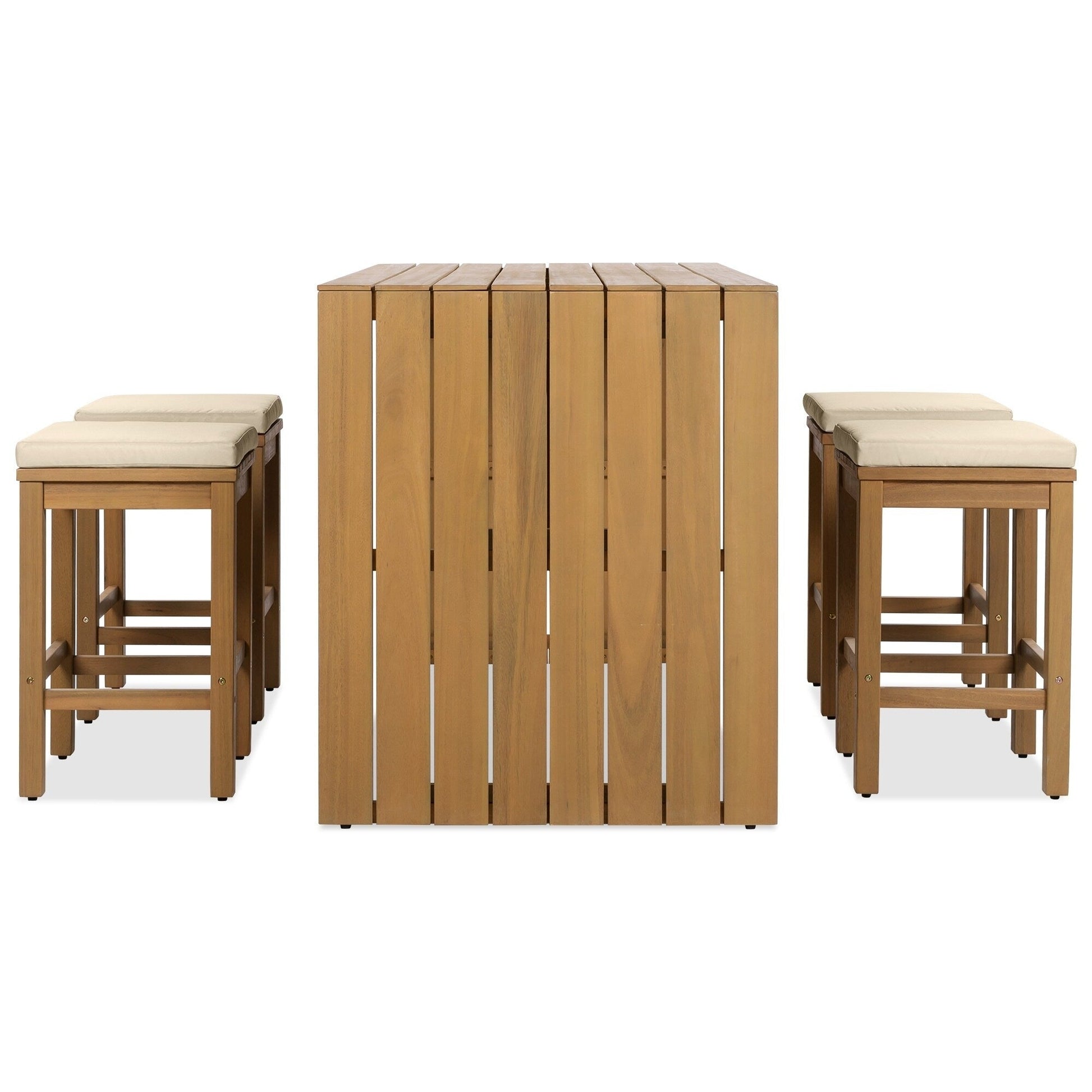Ensemble de patio 5 pièces en bois d'acacia de hauteur bar avec tabourets rembourrés