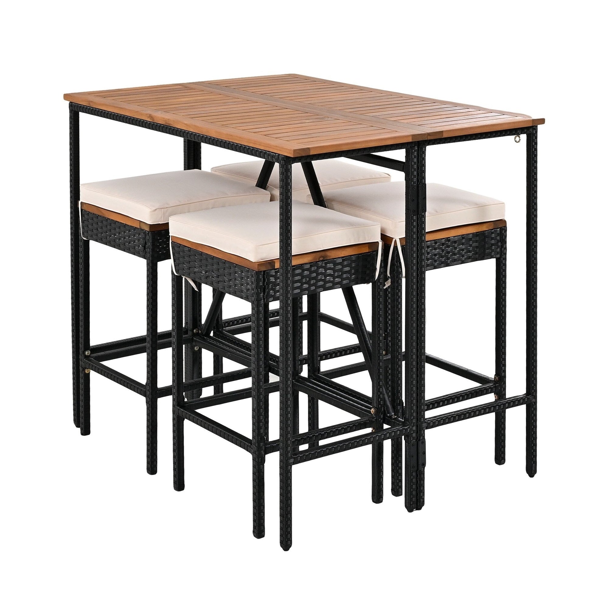 Ensemble bistro d'extérieur 5 pièces en bois d'acacia et osier, hauteur bar
