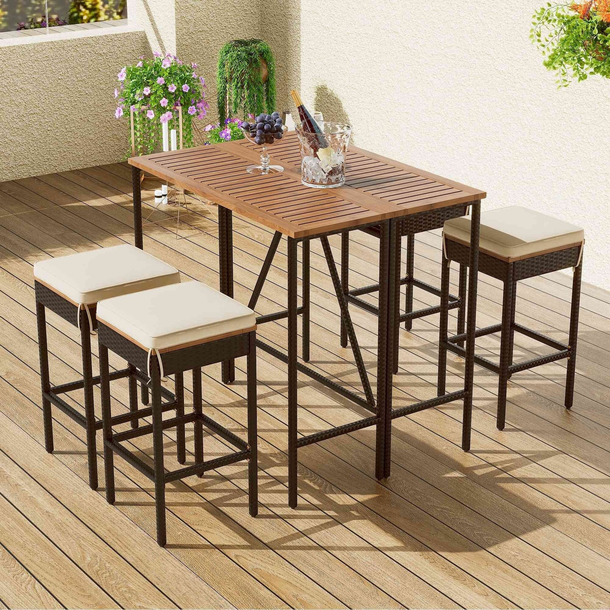 Ensemble bistro d'extérieur 5 pièces en bois d'acacia et osier, hauteur bar