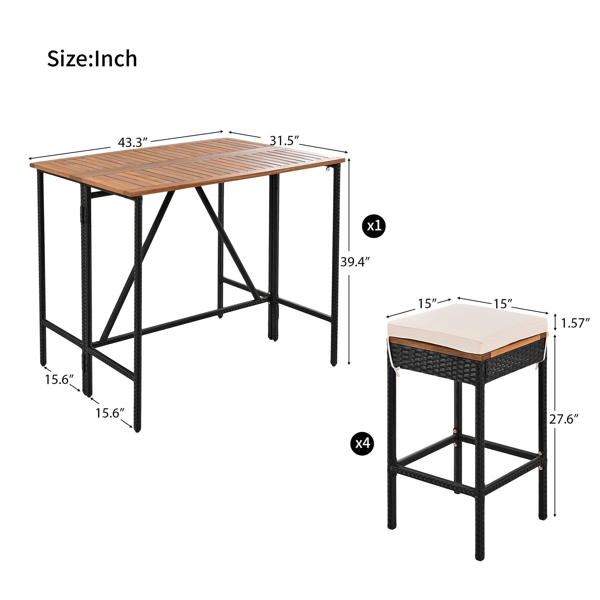 Ensemble bistro d'extérieur 5 pièces en bois d'acacia et osier, hauteur bar