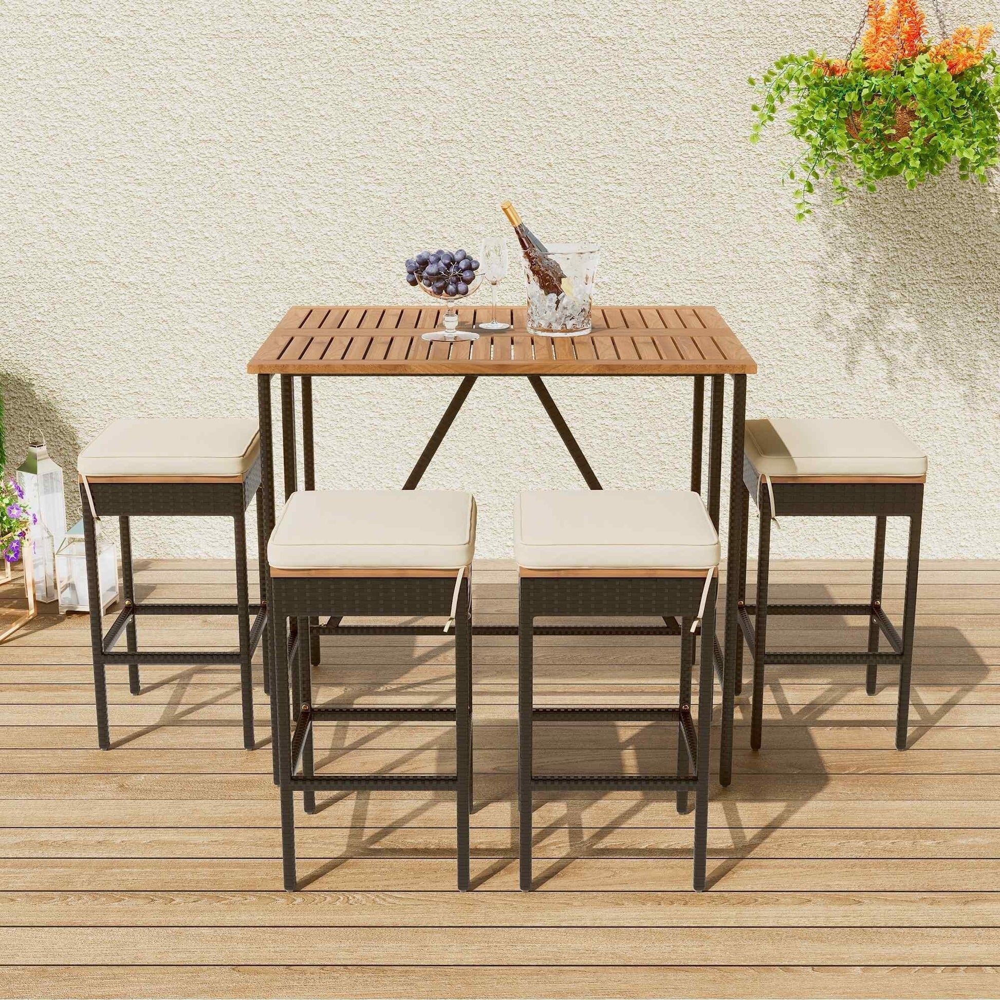 Ensemble bistro d'extérieur 5 pièces en bois d'acacia et osier, hauteur bar