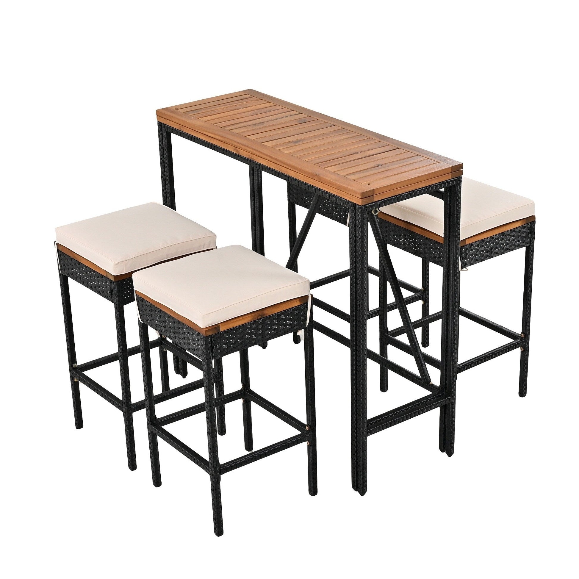 Ensemble bistro d'extérieur 5 pièces en bois d'acacia et osier, hauteur bar