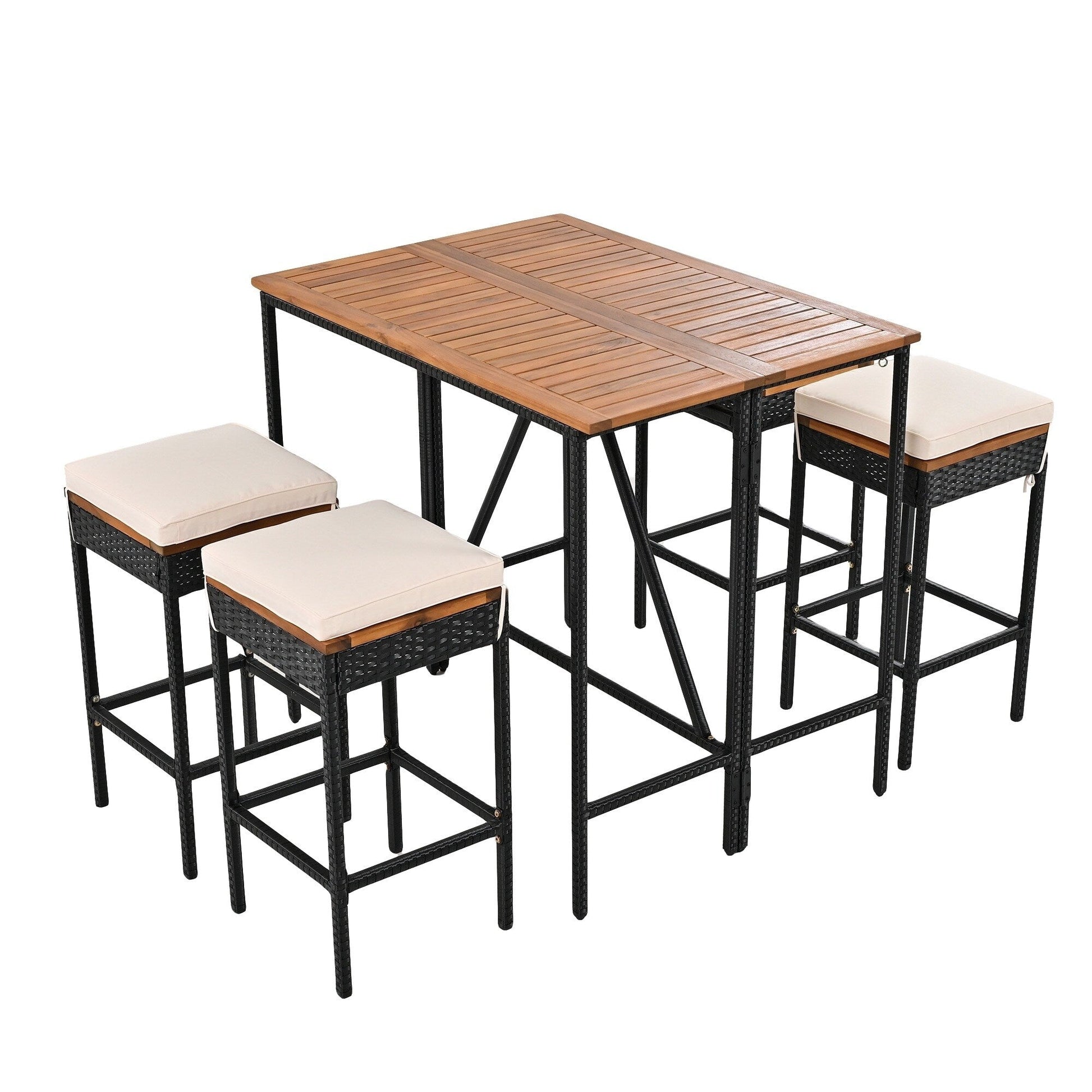 Ensemble bistro d'extérieur 5 pièces en bois d'acacia et osier, hauteur bar
