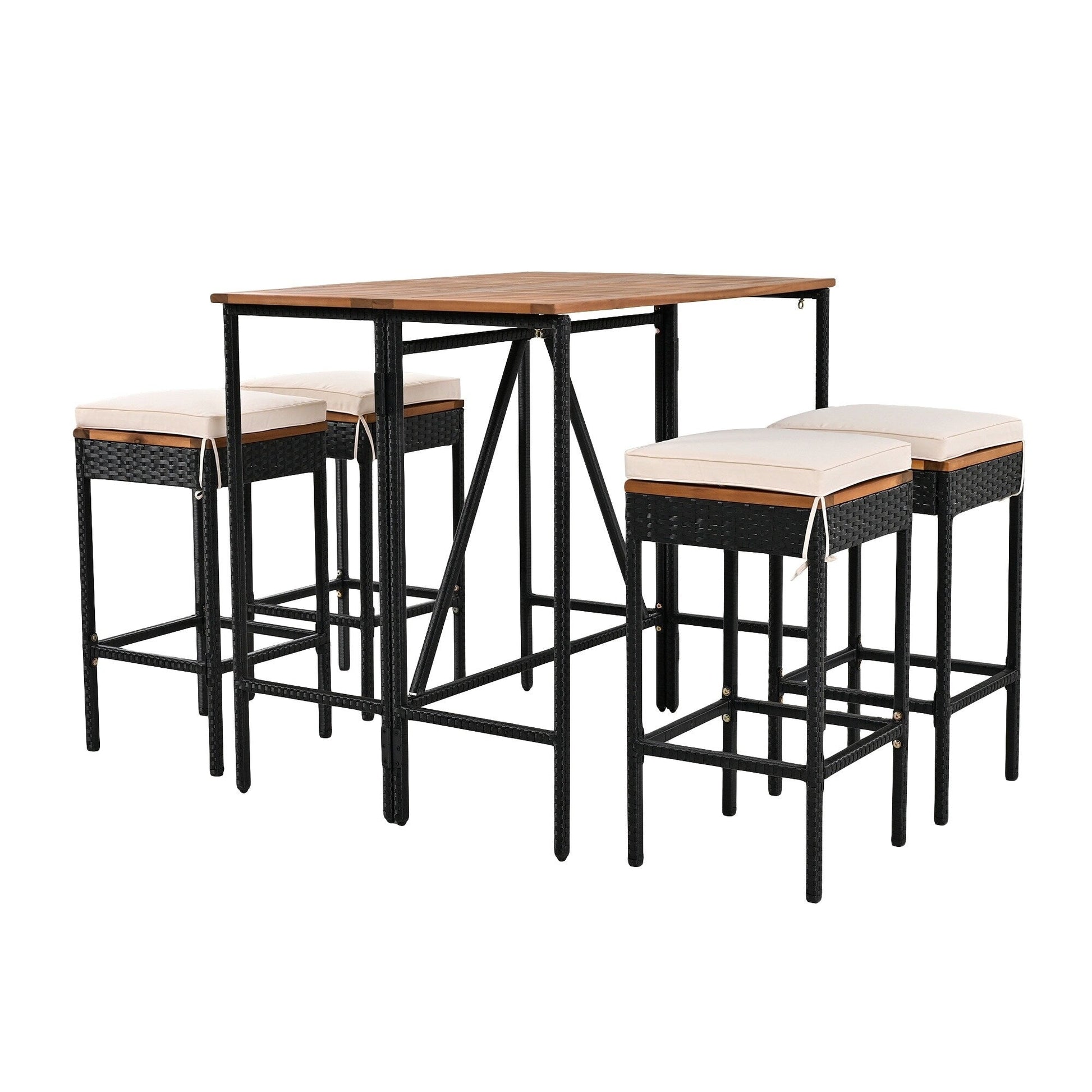 Ensemble bistro d'extérieur 5 pièces en bois d'acacia et osier, hauteur bar