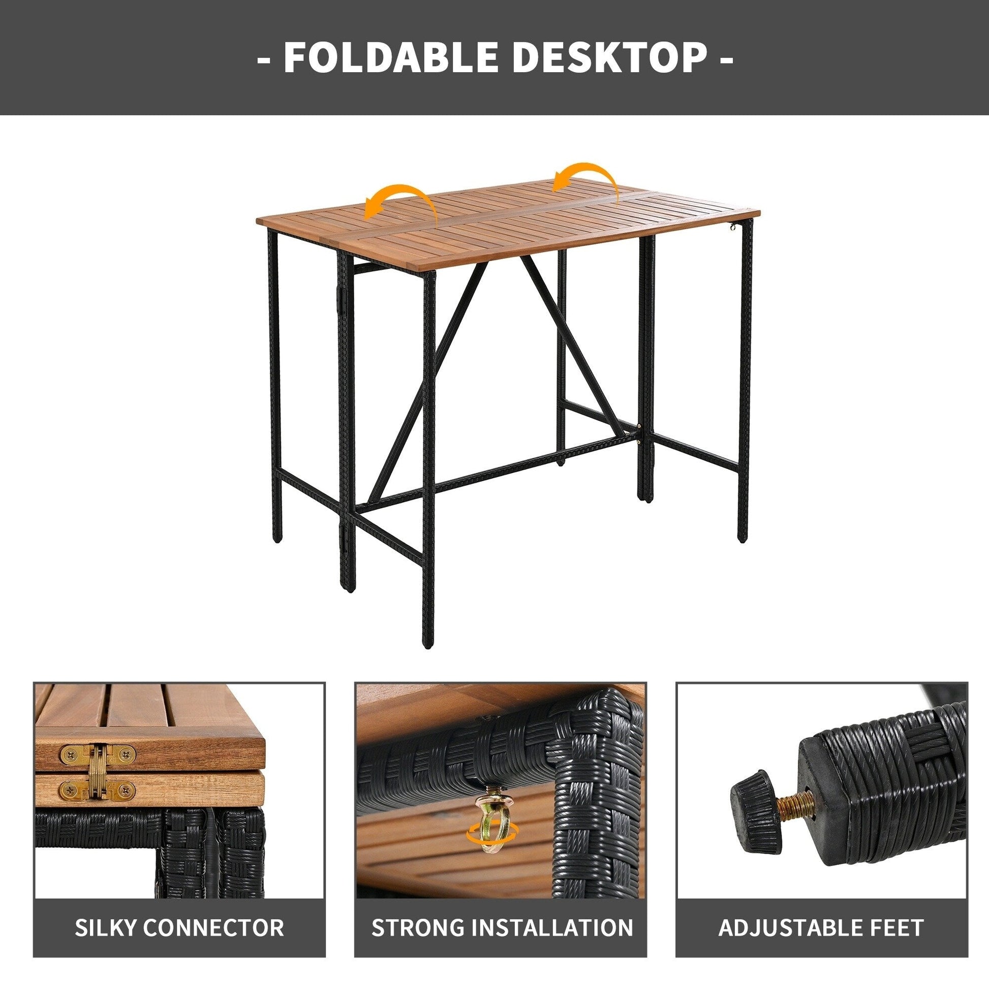 Ensemble bistro d'extérieur 5 pièces en bois d'acacia et osier, hauteur bar