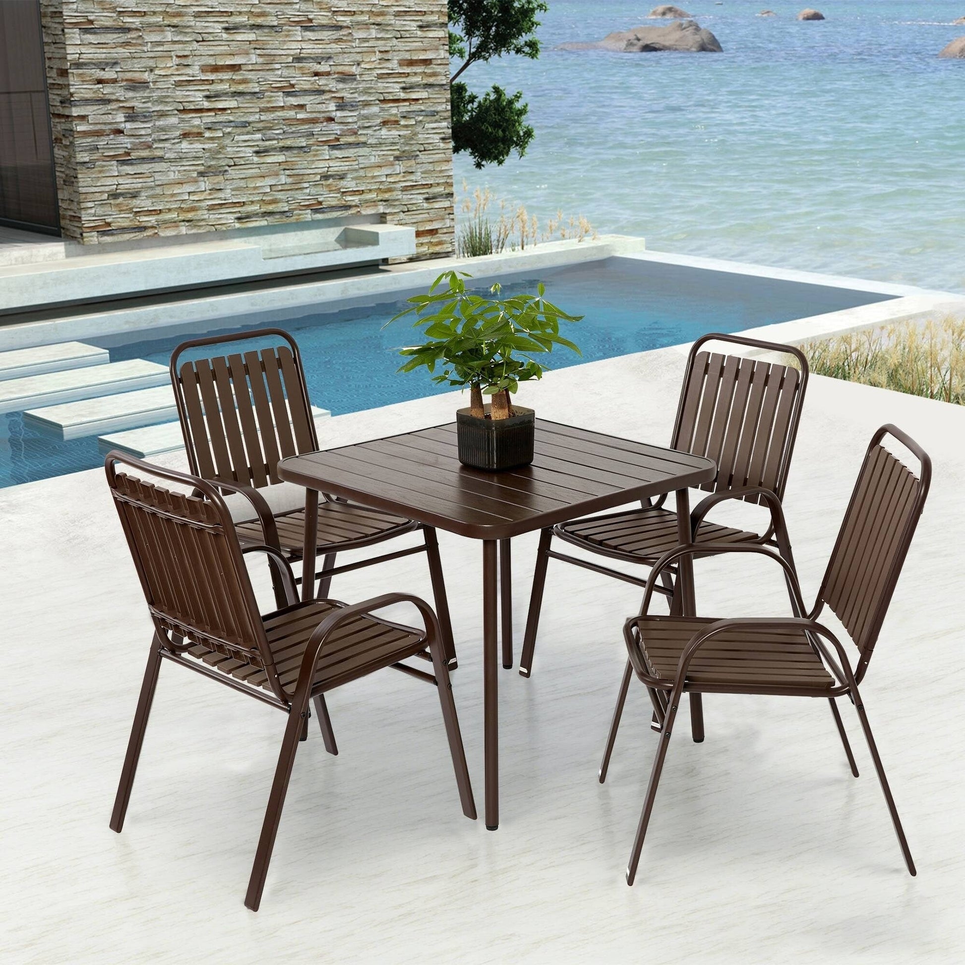 Ensemble de salle à manger d'extérieur 5 pièces avec chaises en plastique et table en acier