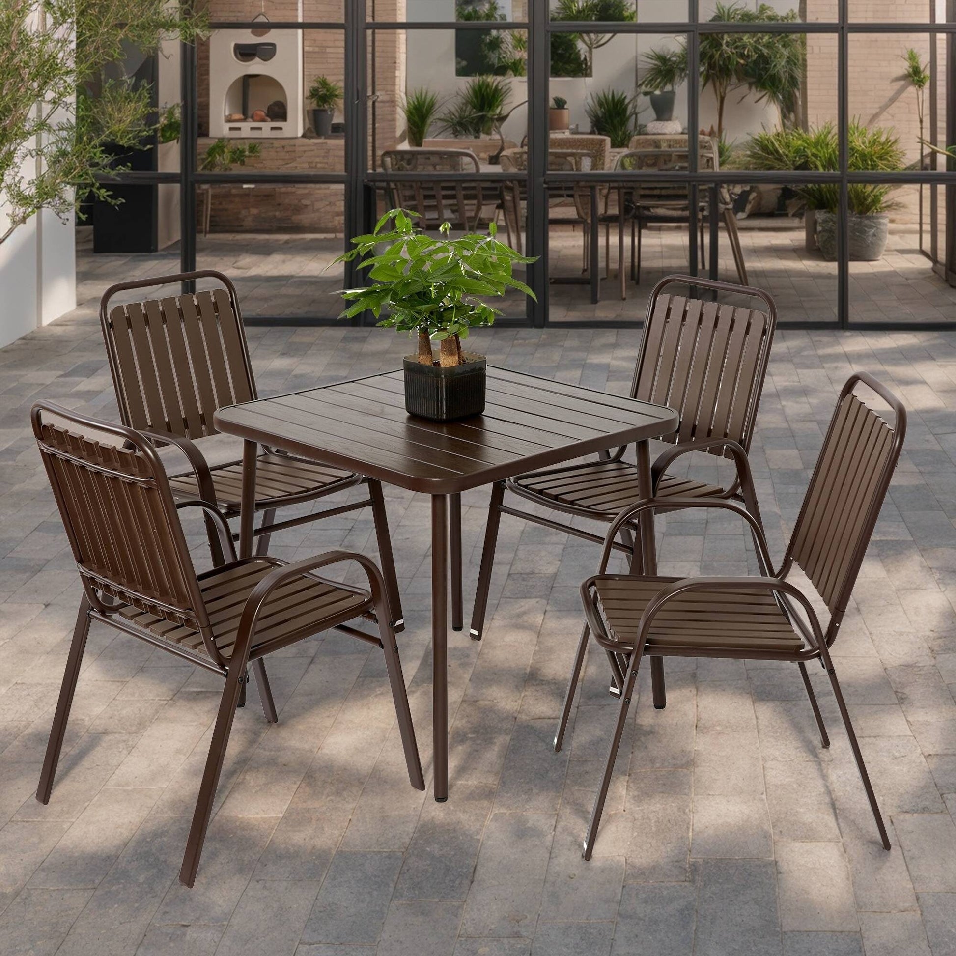 Ensemble de salle à manger d'extérieur 5 pièces avec chaises en plastique et table en acier