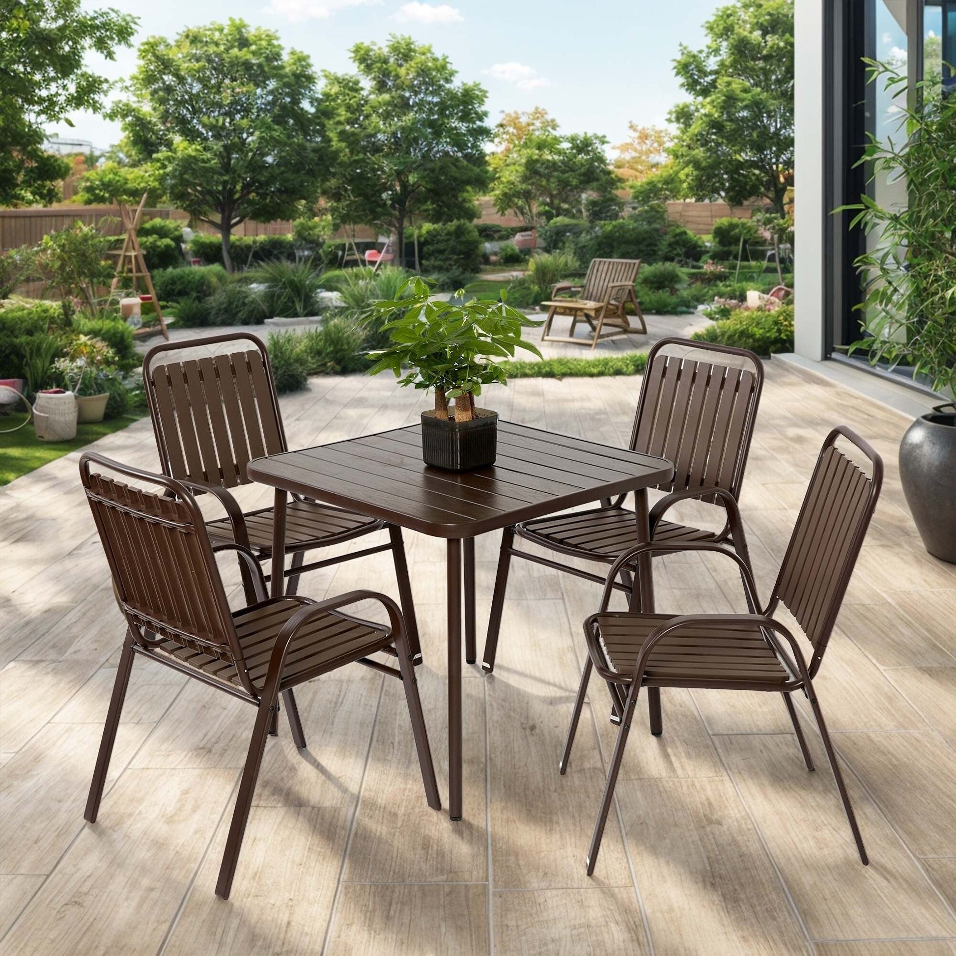Ensemble de salle à manger d'extérieur 5 pièces avec chaises en plastique et table en acier