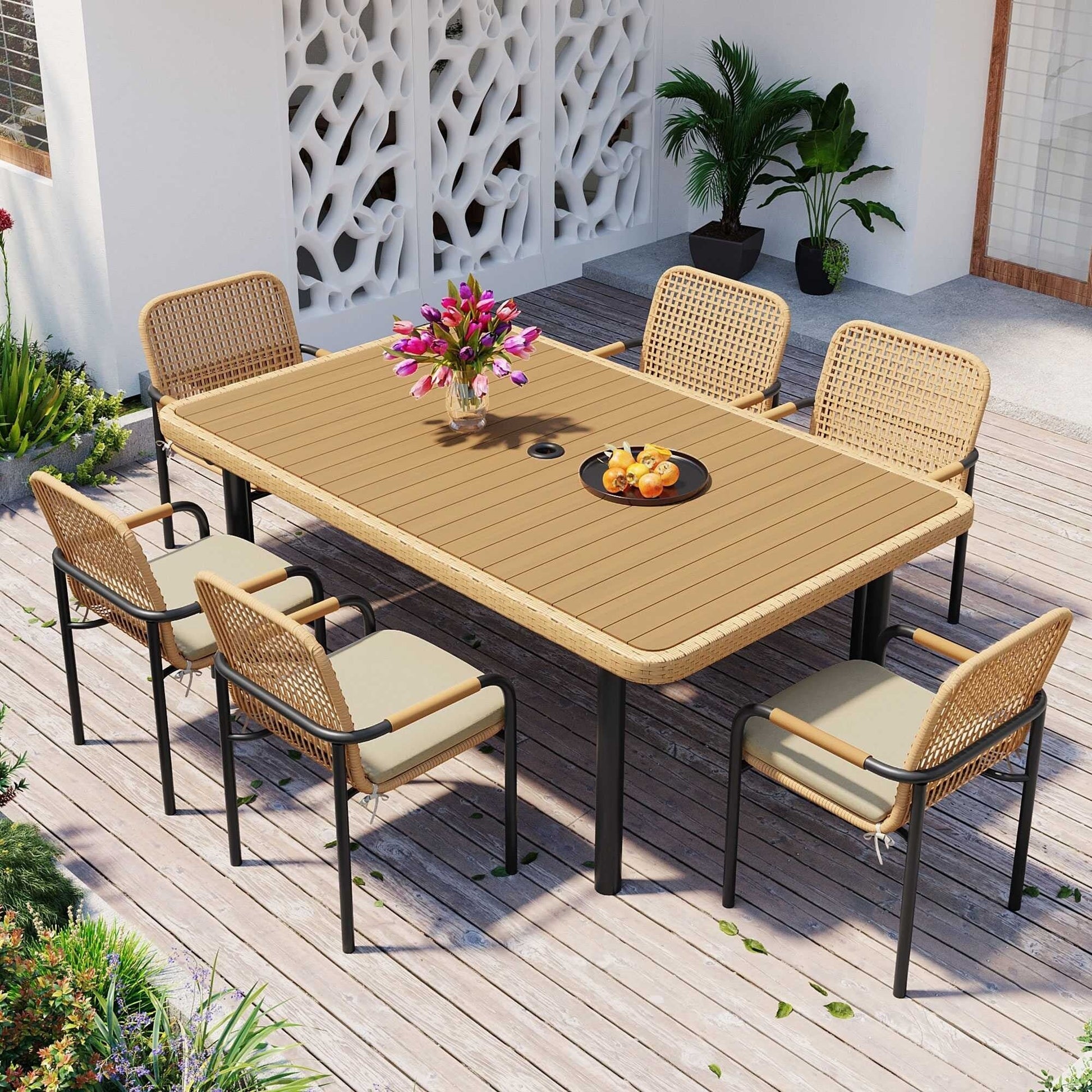 Ensemble de salle à manger de patio 7 pièces en avoine avec table prête pour parasol et chaises rembourrées