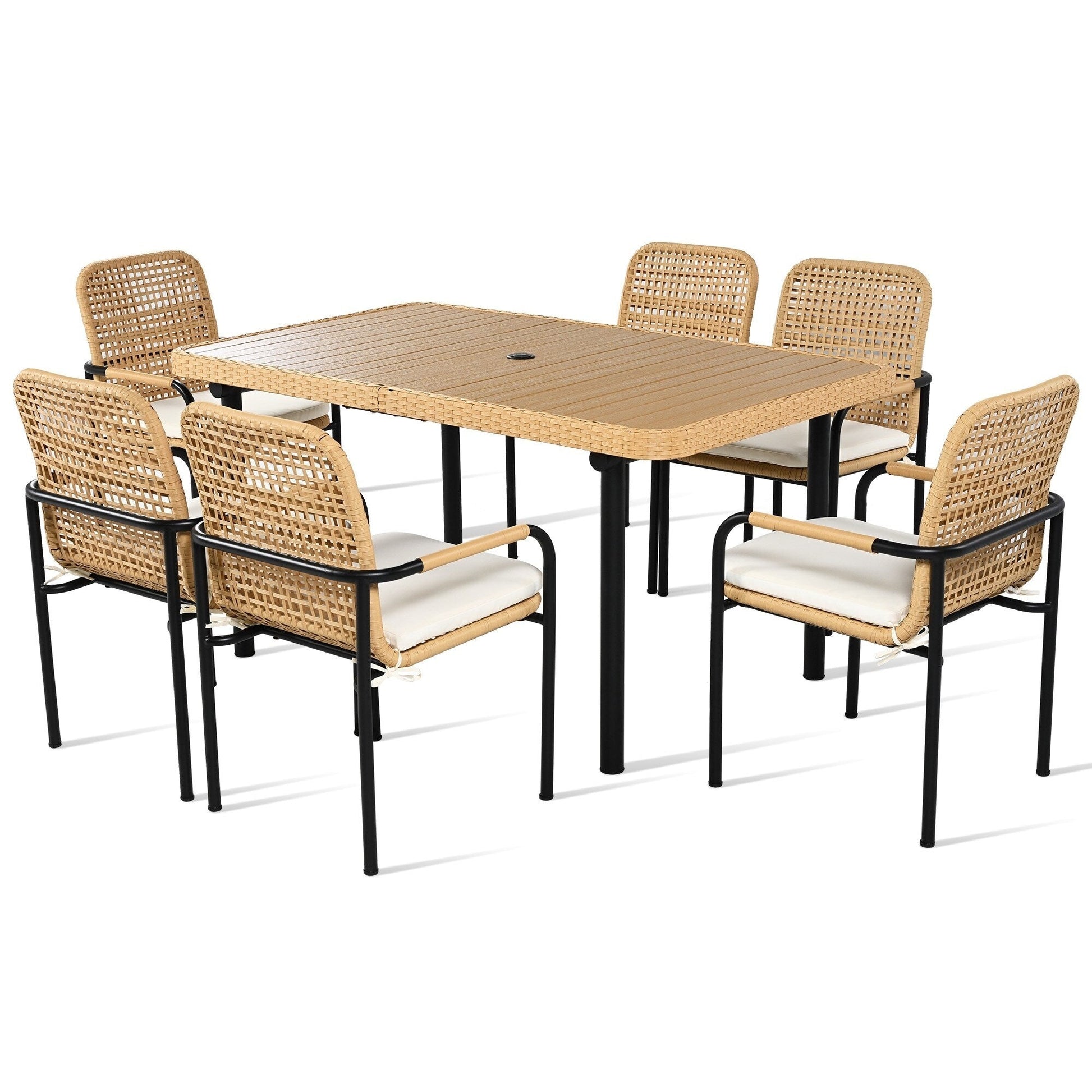 Ensemble de salle à manger de patio 7 pièces en avoine avec table prête pour parasol et chaises rembourrées