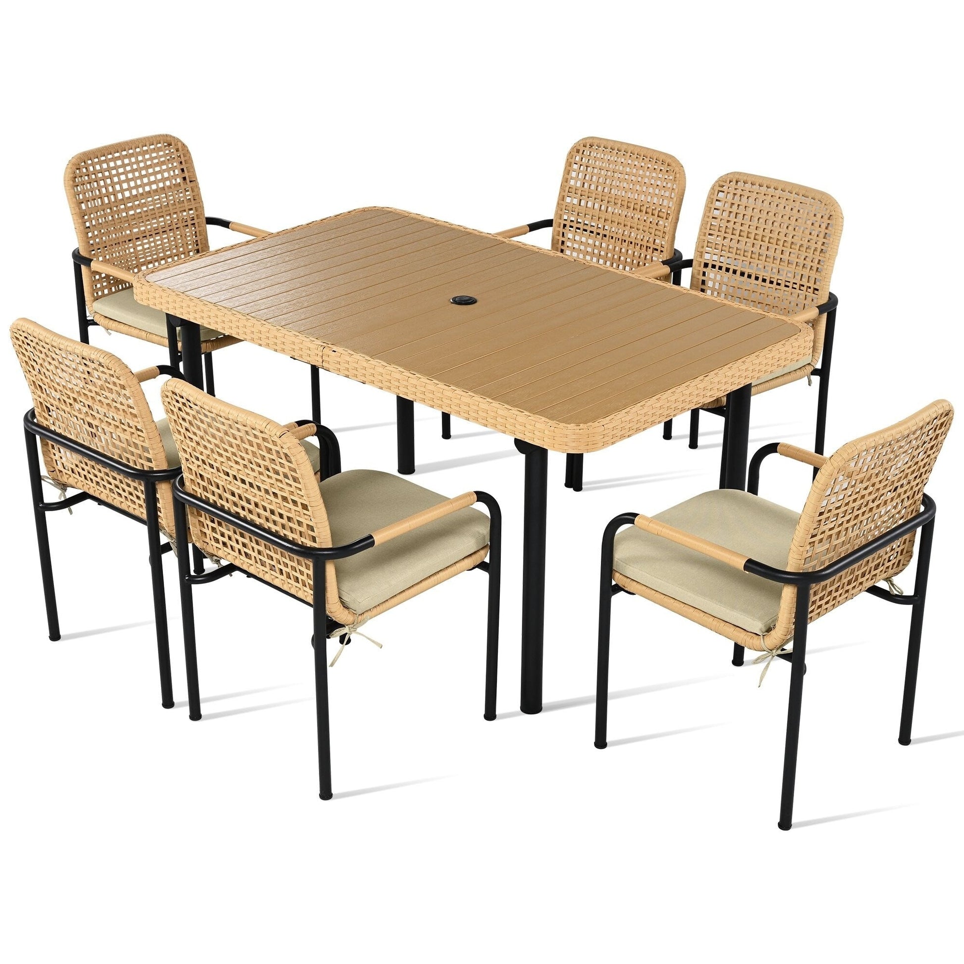 Ensemble de salle à manger de patio 7 pièces en avoine avec table prête pour parasol et chaises rembourrées