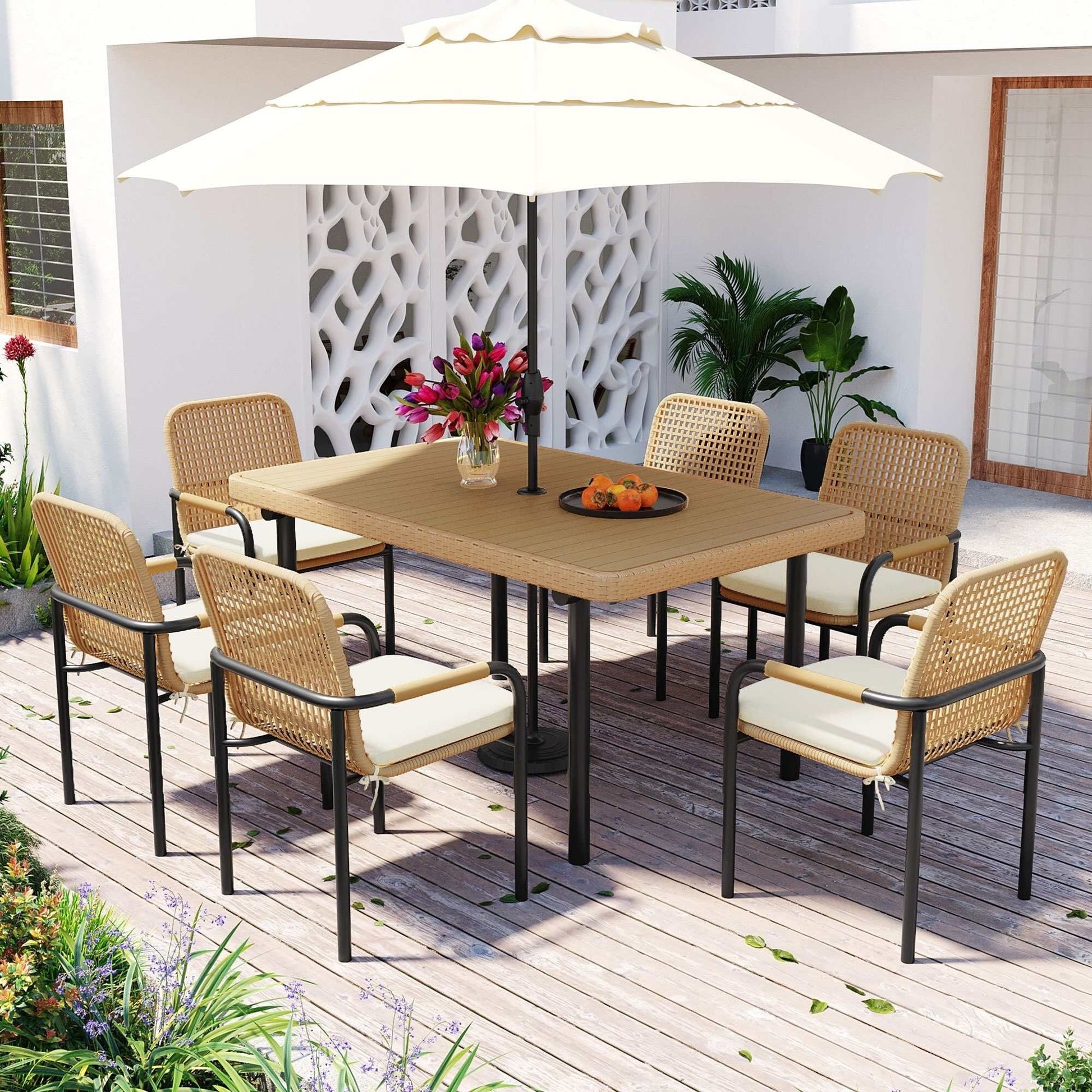 Ensemble de salle à manger de patio 7 pièces en avoine avec table prête pour parasol et chaises rembourrées
