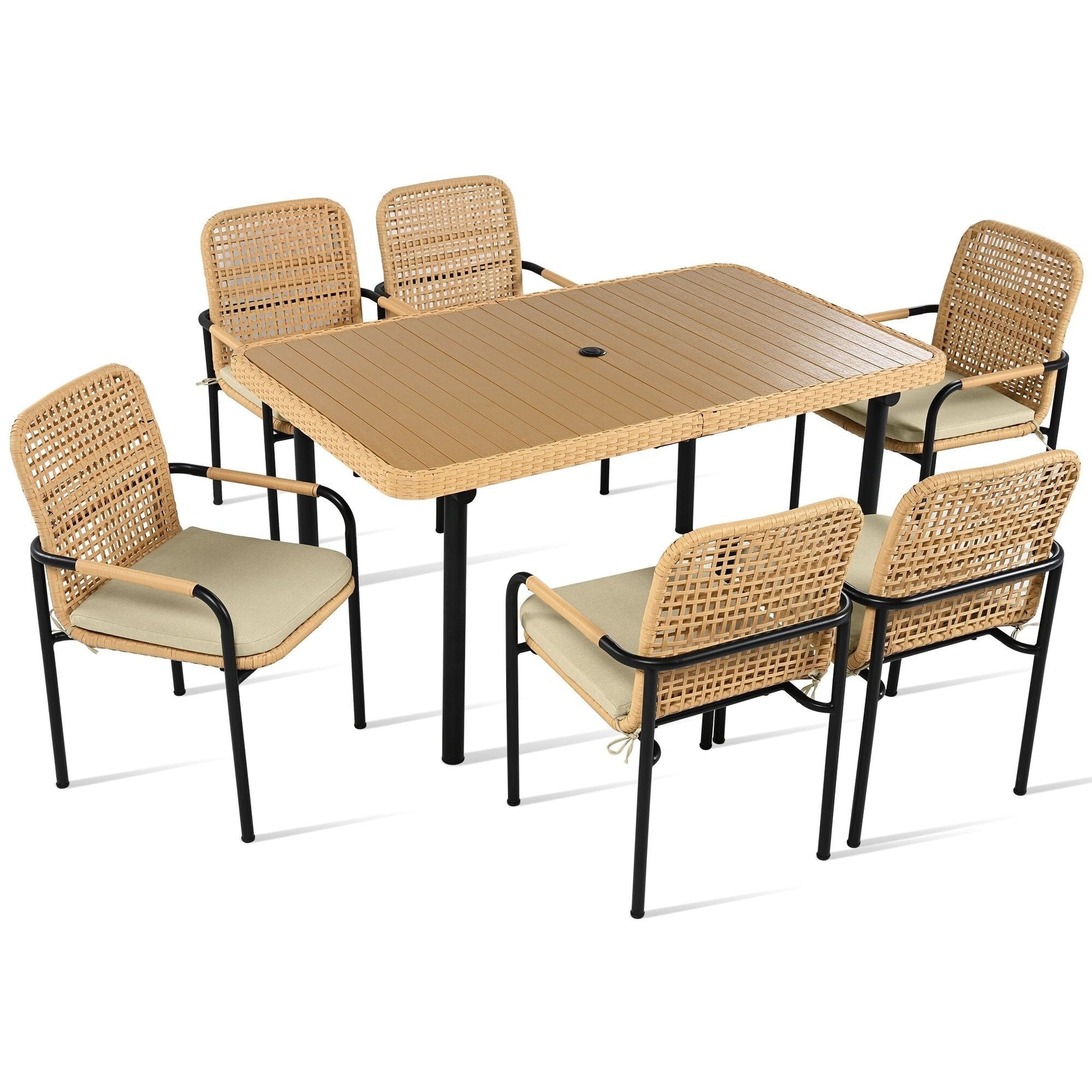 Ensemble de salle à manger de patio 7 pièces en avoine avec table prête pour parasol et chaises rembourrées