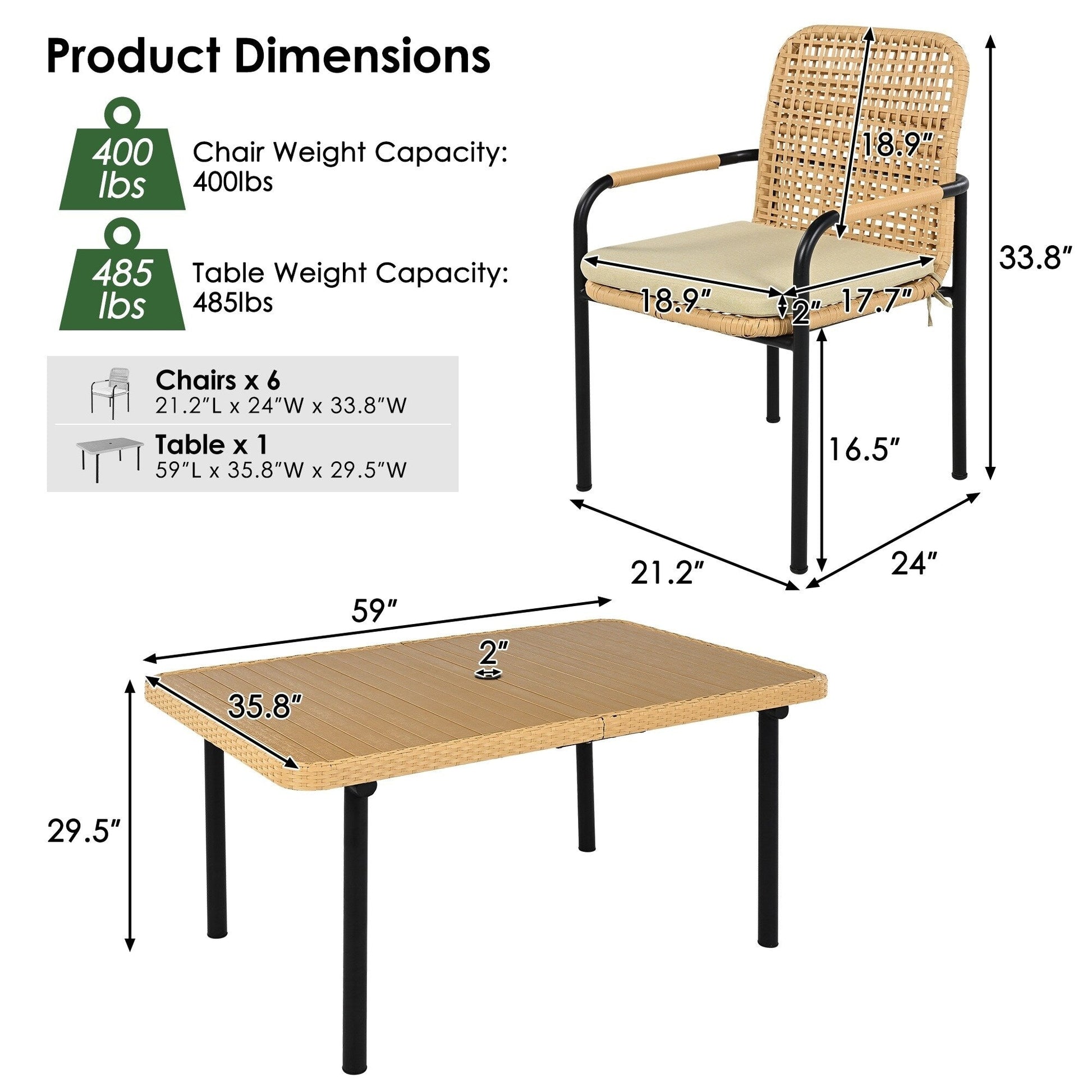 Ensemble de salle à manger de patio 7 pièces en avoine avec table prête pour parasol et chaises rembourrées