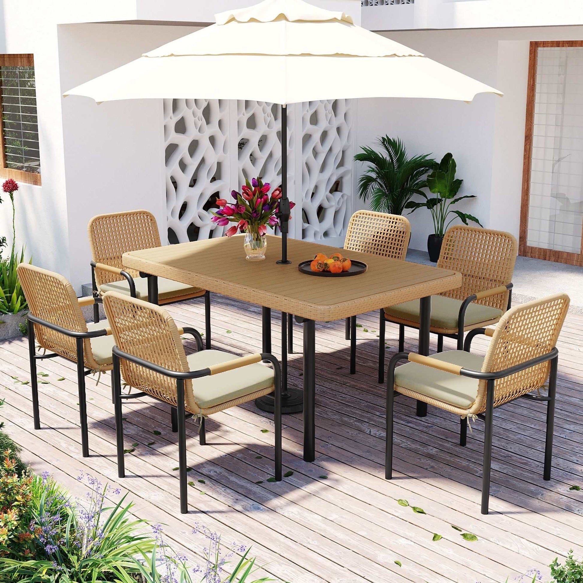 Ensemble de salle à manger de patio 7 pièces en avoine avec table prête pour parasol et chaises rembourrées
