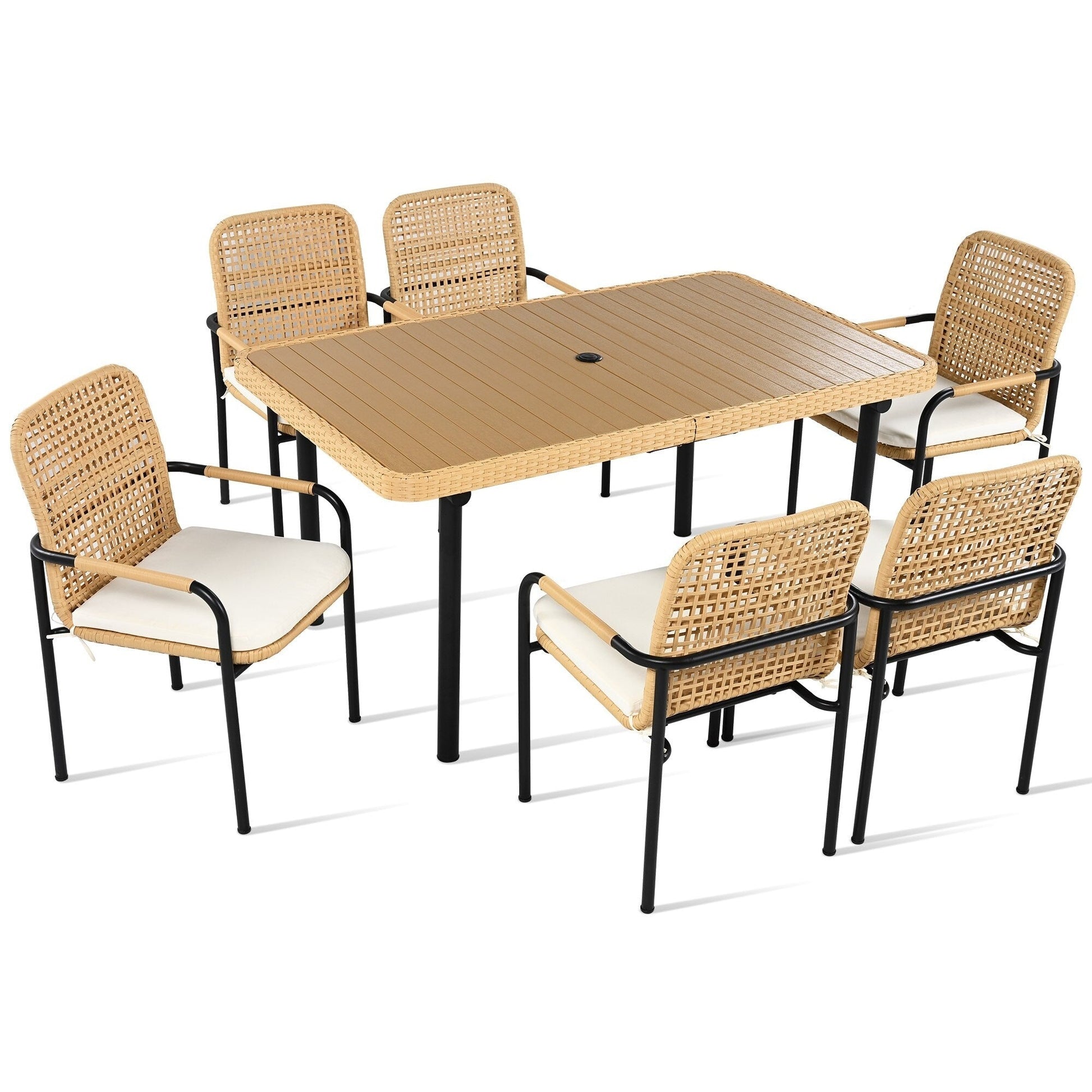 Ensemble de salle à manger de patio 7 pièces en avoine avec table prête pour parasol et chaises rembourrées