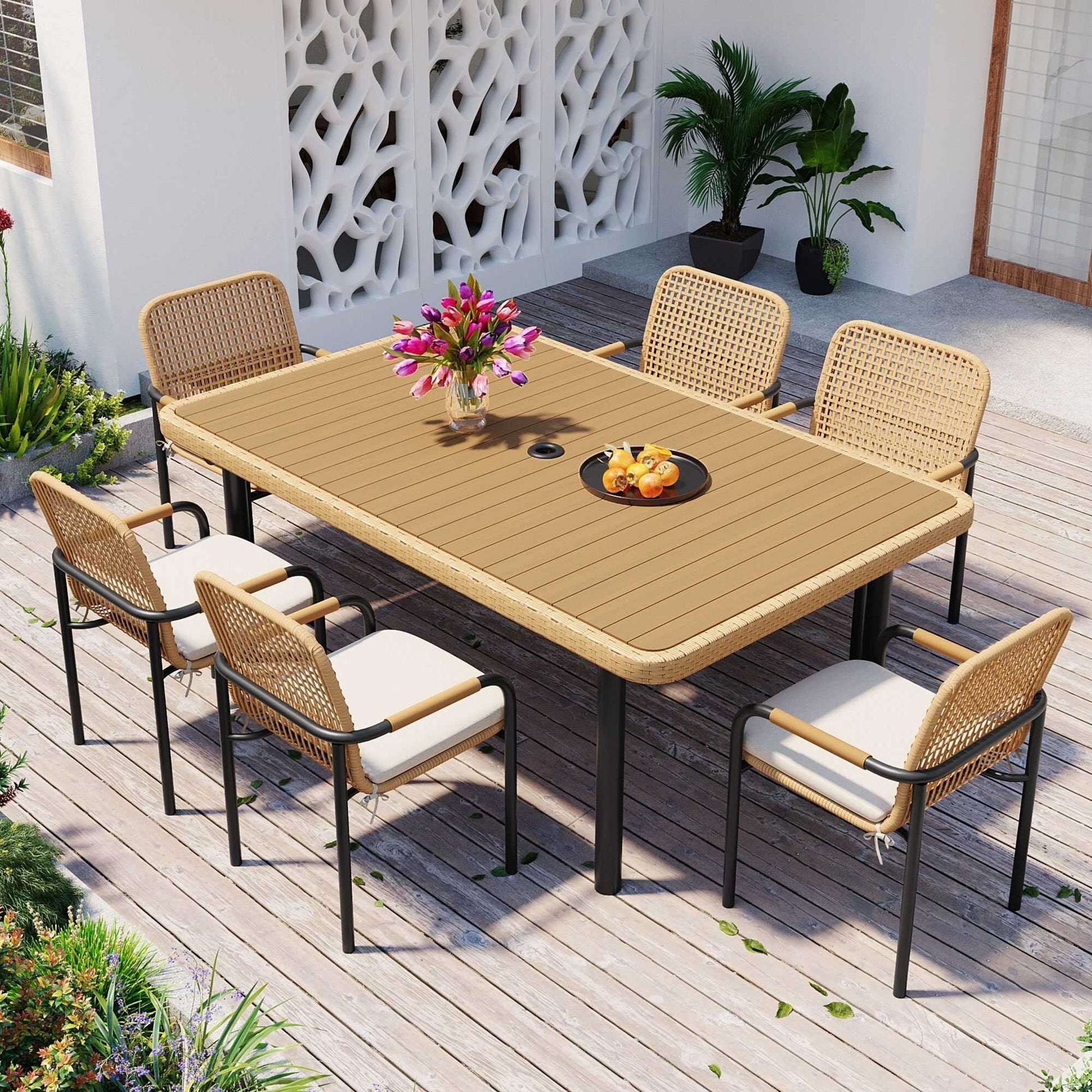 Ensemble de salle à manger de patio 7 pièces en avoine avec table prête pour parasol et chaises rembourrées