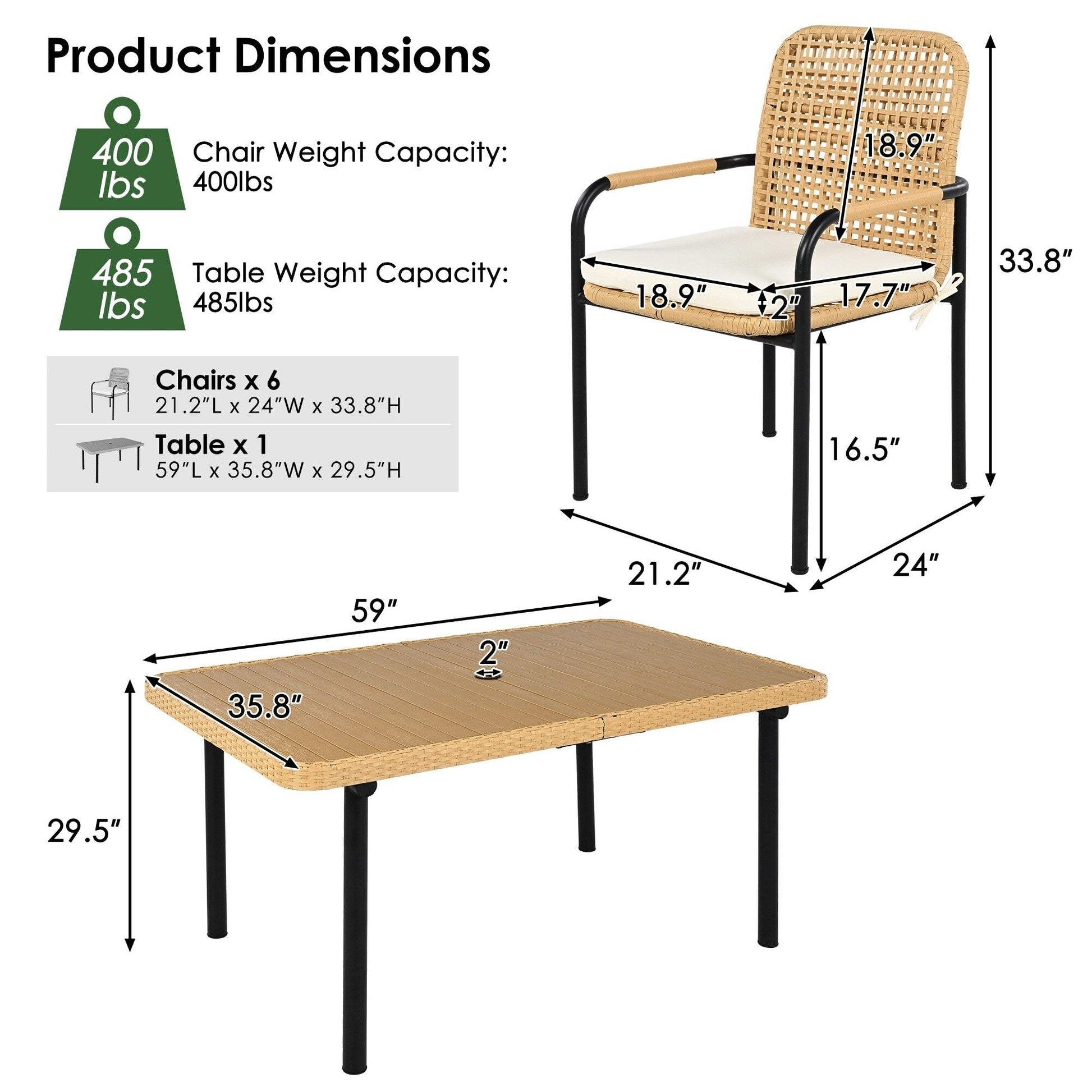 Ensemble de salle à manger de patio 7 pièces en avoine avec table prête pour parasol et chaises rembourrées