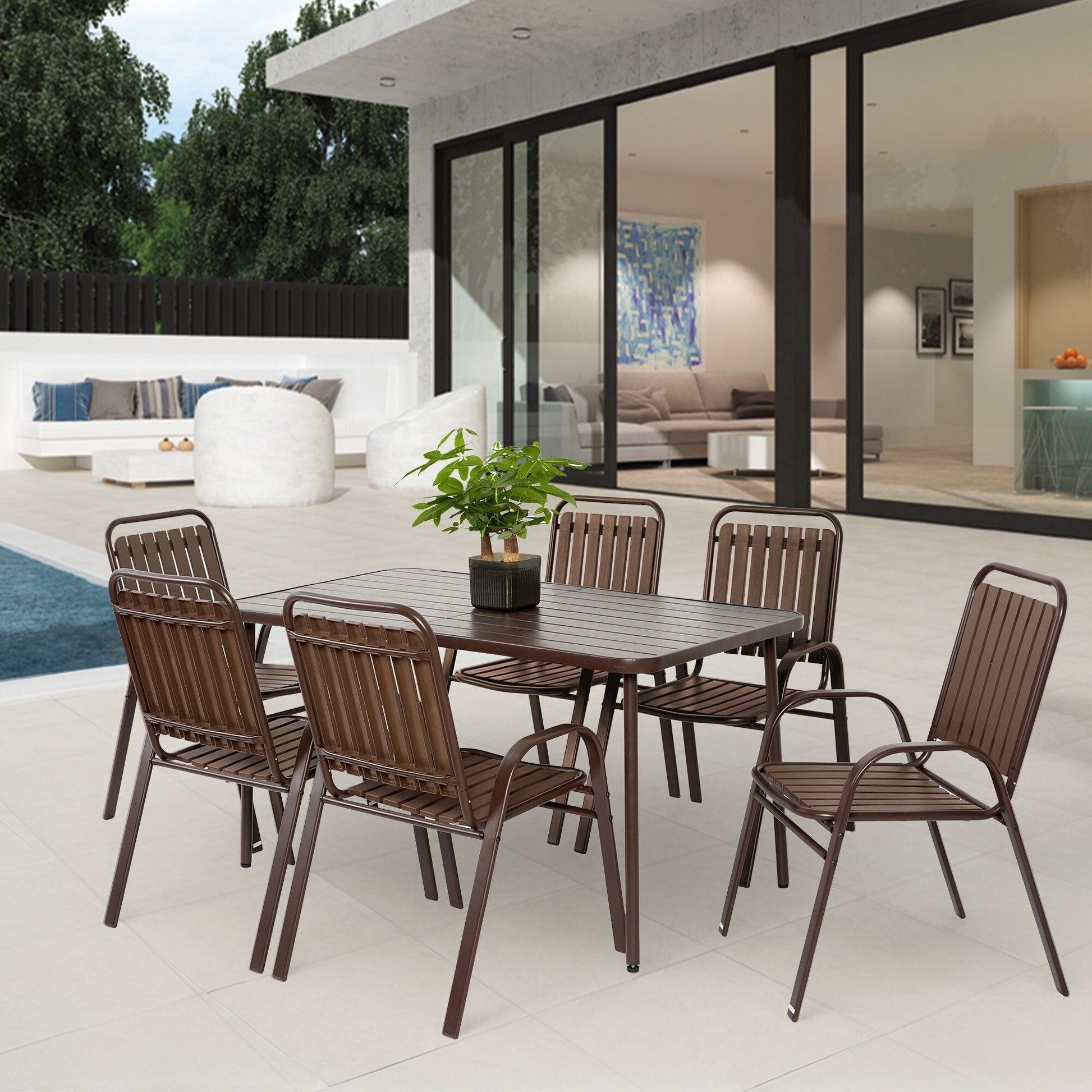 Ensemble de salle à manger de patio en osier 7 pièces avec chaises pivotantes rembourrées