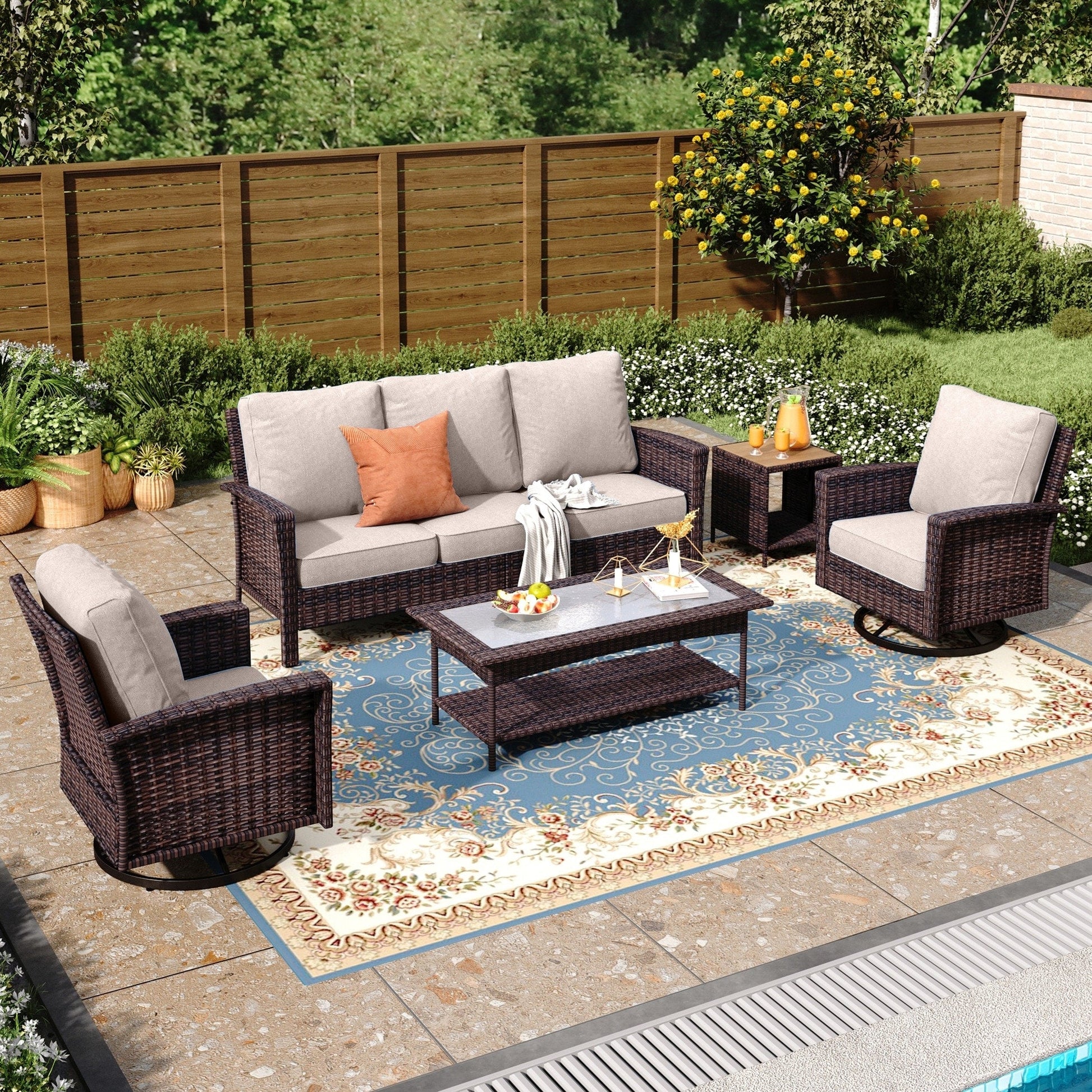 Ensemble de salon de jardin extra-large en osier MAISON ARTS 7 pièces avec table, siège surdimensionné et coussin rembourré de 5,5 pouces d'épaisseur