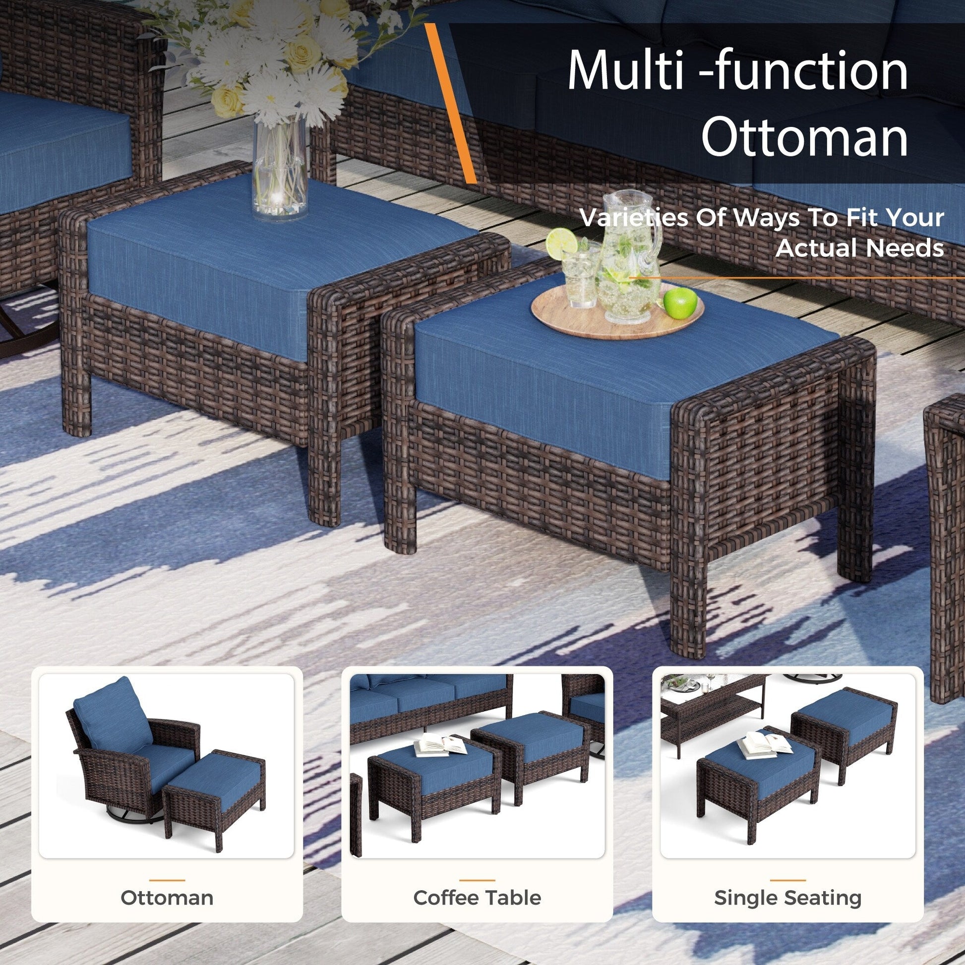 Ensemble de salon de jardin extra-large en osier MAISON ARTS 7 pièces avec table, siège surdimensionné et coussin rembourré de 5,5 pouces d'épaisseur