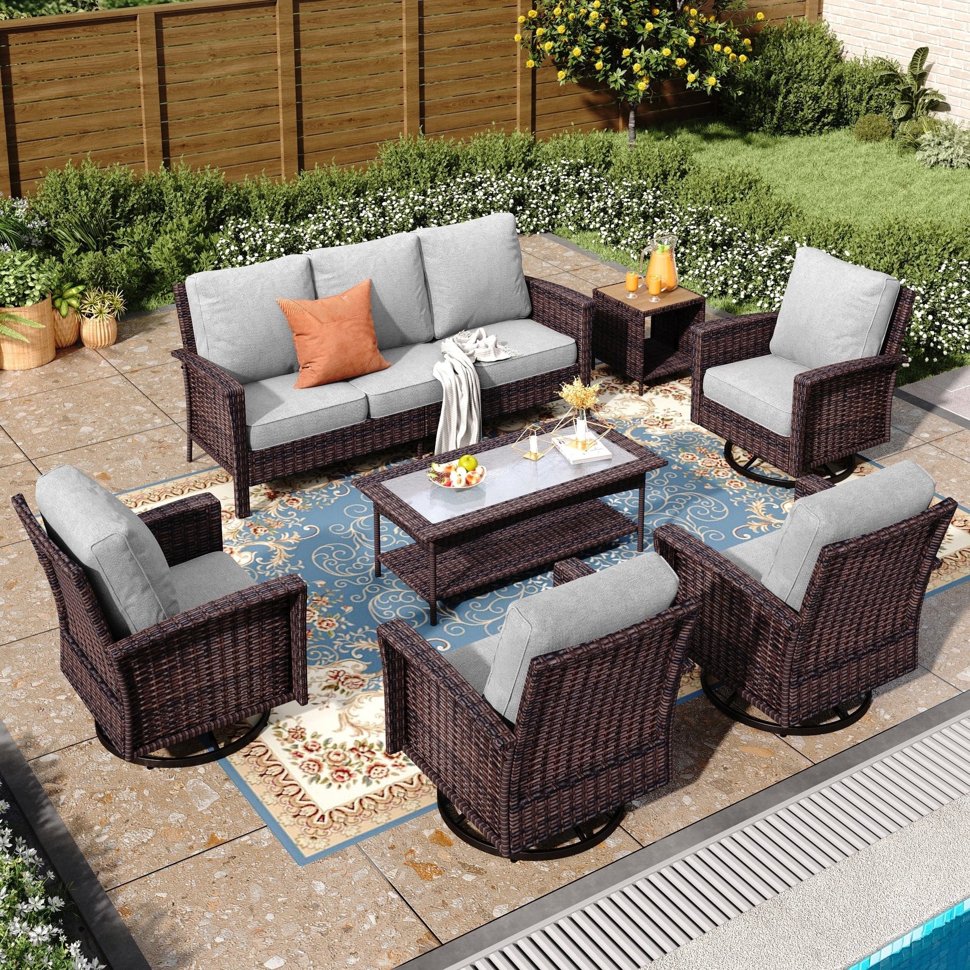 Ensemble de salon de jardin extra-large en osier MAISON ARTS 7 pièces avec table, siège surdimensionné et coussin rembourré de 5,5 pouces d'épaisseur