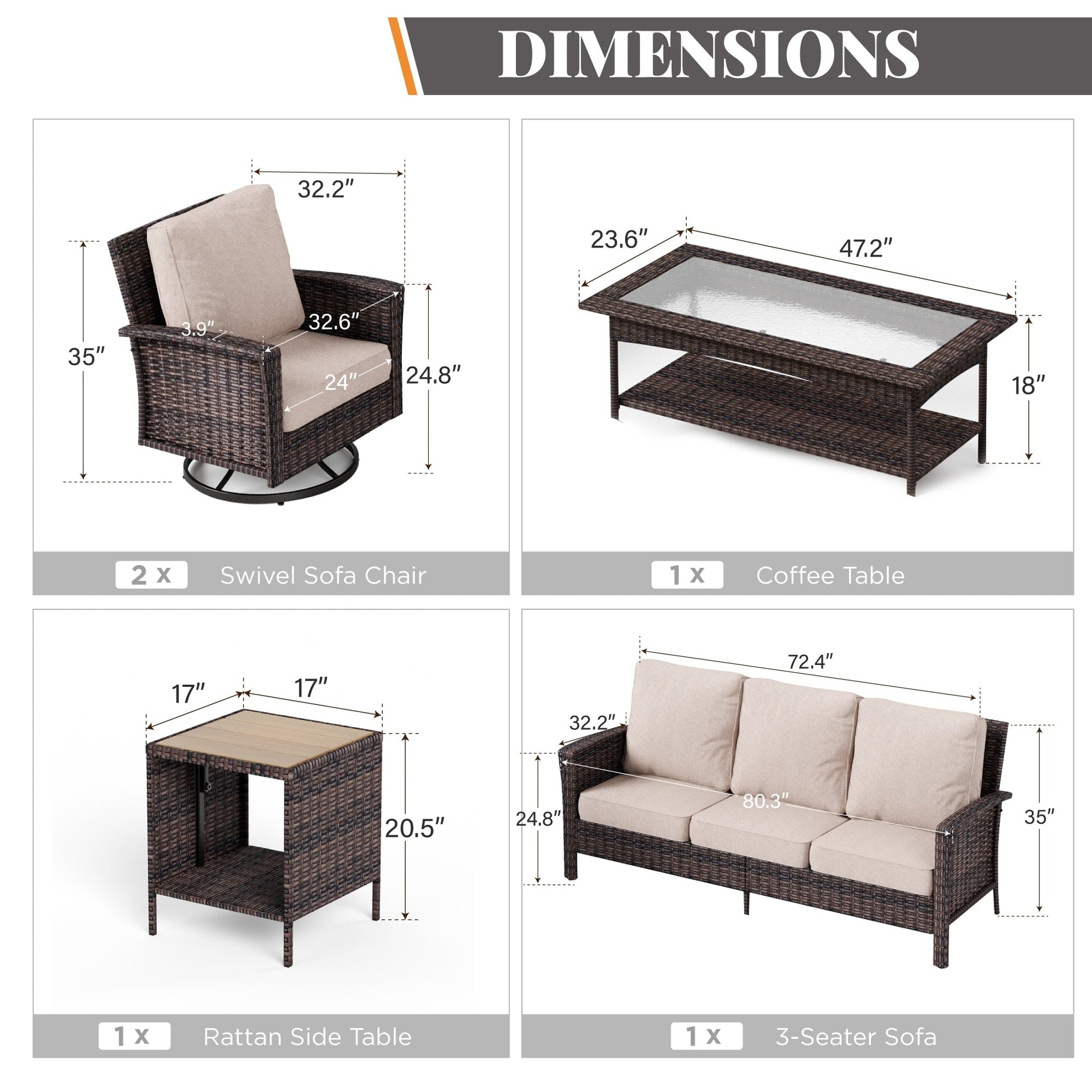 Ensemble de salon de jardin extra-large en osier MAISON ARTS 7 pièces avec table, siège surdimensionné et coussin rembourré de 5,5 pouces d'épaisseur