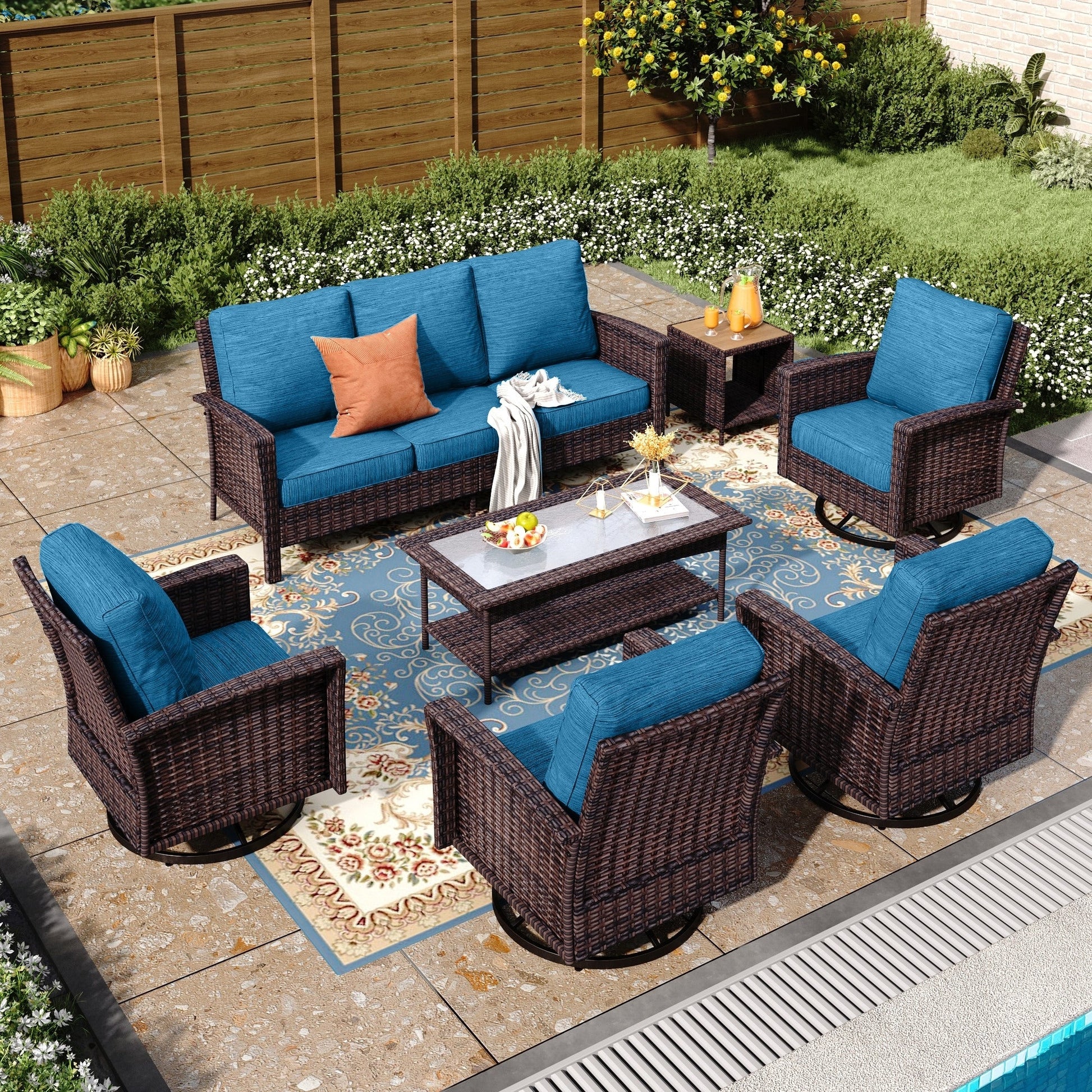 Ensemble de salon de jardin extra-large en osier MAISON ARTS 7 pièces avec table, siège surdimensionné et coussin rembourré de 5,5 pouces d'épaisseur