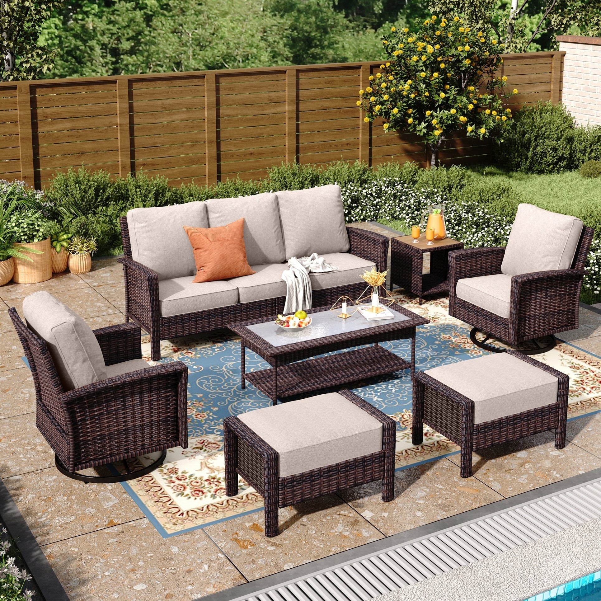 Ensemble de salon de jardin extra-large en osier MAISON ARTS 7 pièces avec table, siège surdimensionné et coussin rembourré de 5,5 pouces d'épaisseur