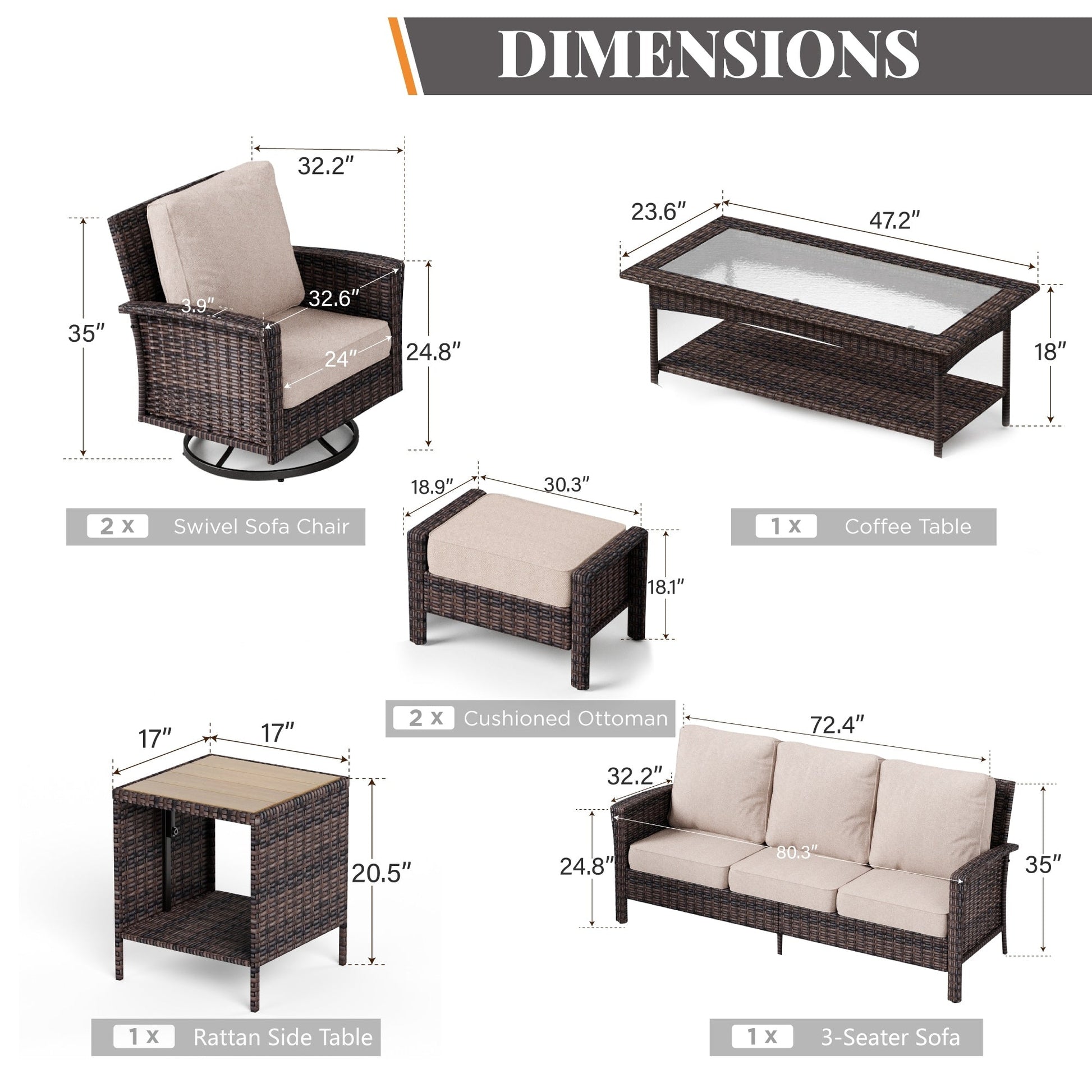 Ensemble de salon de jardin extra-large en osier MAISON ARTS 7 pièces avec table, siège surdimensionné et coussin rembourré de 5,5 pouces d'épaisseur