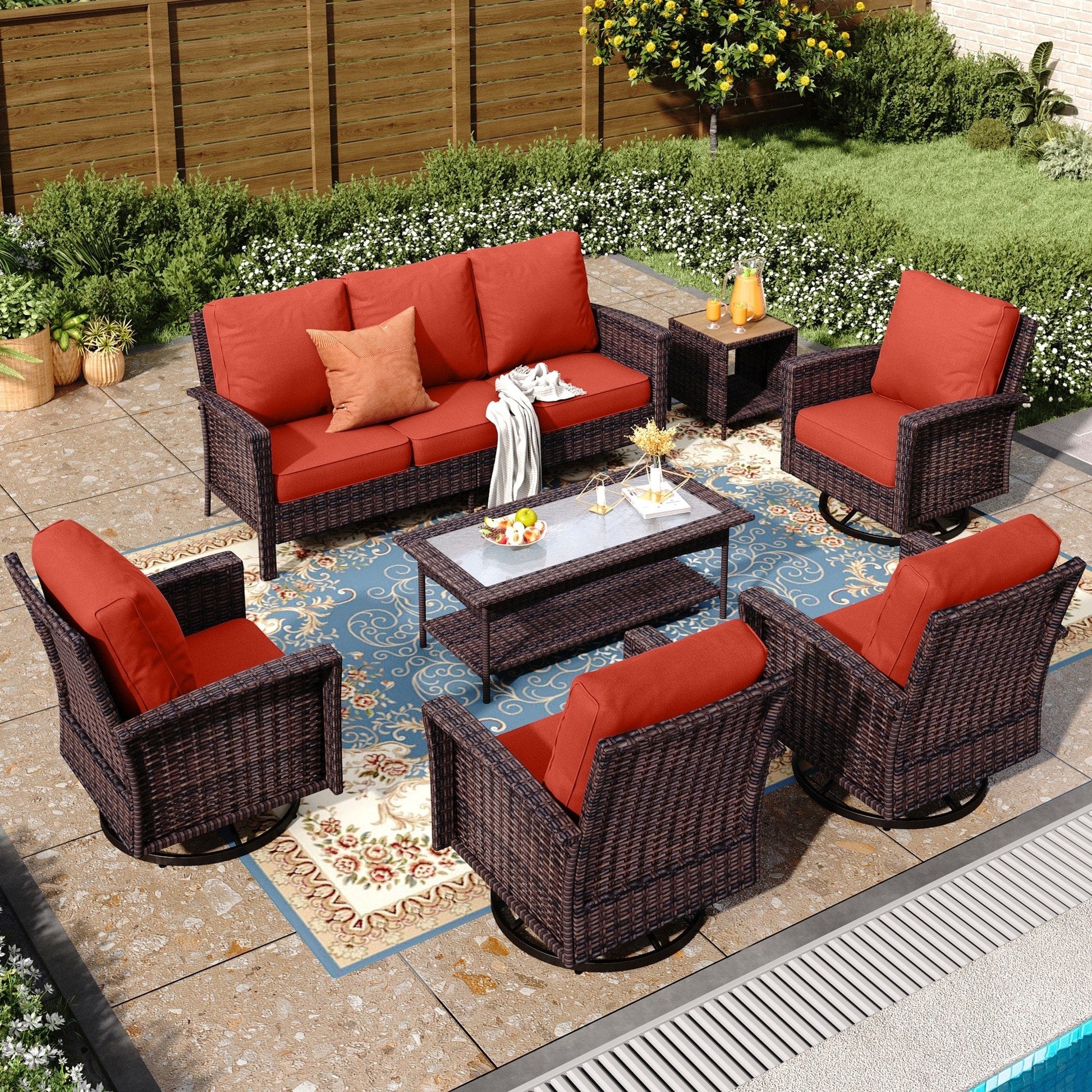 Ensemble de salon de jardin extra-large en osier MAISON ARTS 7 pièces avec table, siège surdimensionné et coussin rembourré de 5,5 pouces d'épaisseur