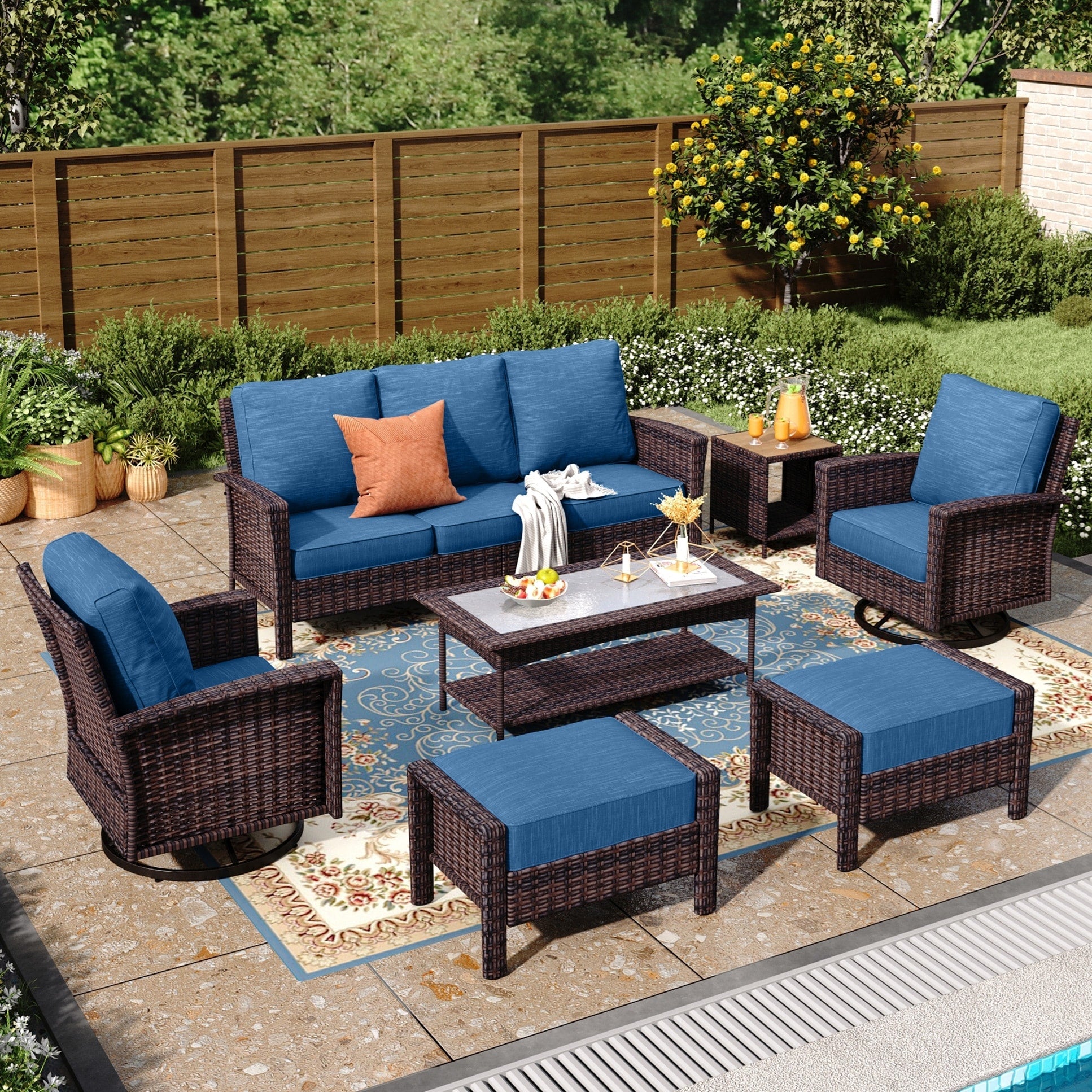 Ensemble de salon de jardin extra-large en osier MAISON ARTS 7 pièces avec table, siège surdimensionné et coussin rembourré de 5,5 pouces d'épaisseur