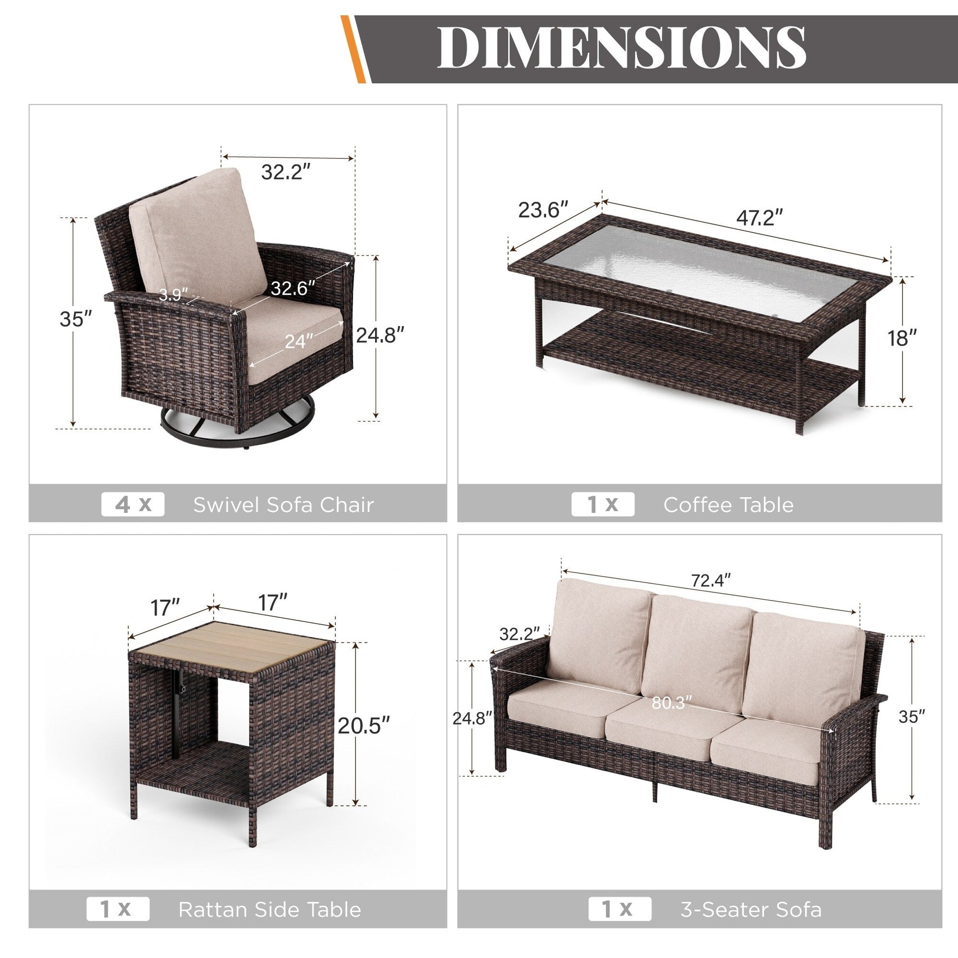 Ensemble de salon de jardin extra-large en osier MAISON ARTS 7 pièces avec table, siège surdimensionné et coussin rembourré de 5,5 pouces d'épaisseur