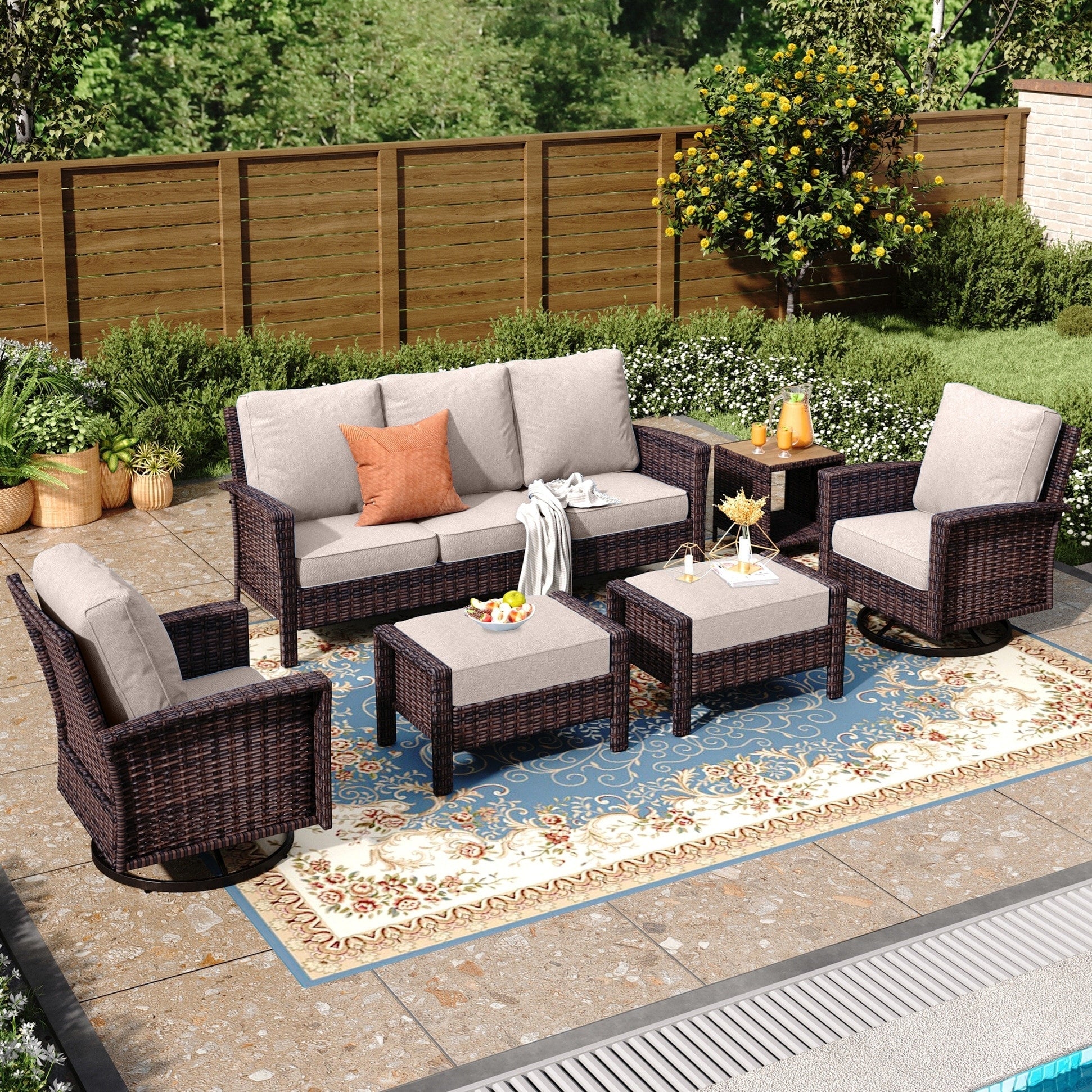 Ensemble de salon de jardin extra-large en osier MAISON ARTS 7 pièces avec table, siège surdimensionné et coussin rembourré de 5,5 pouces d'épaisseur
