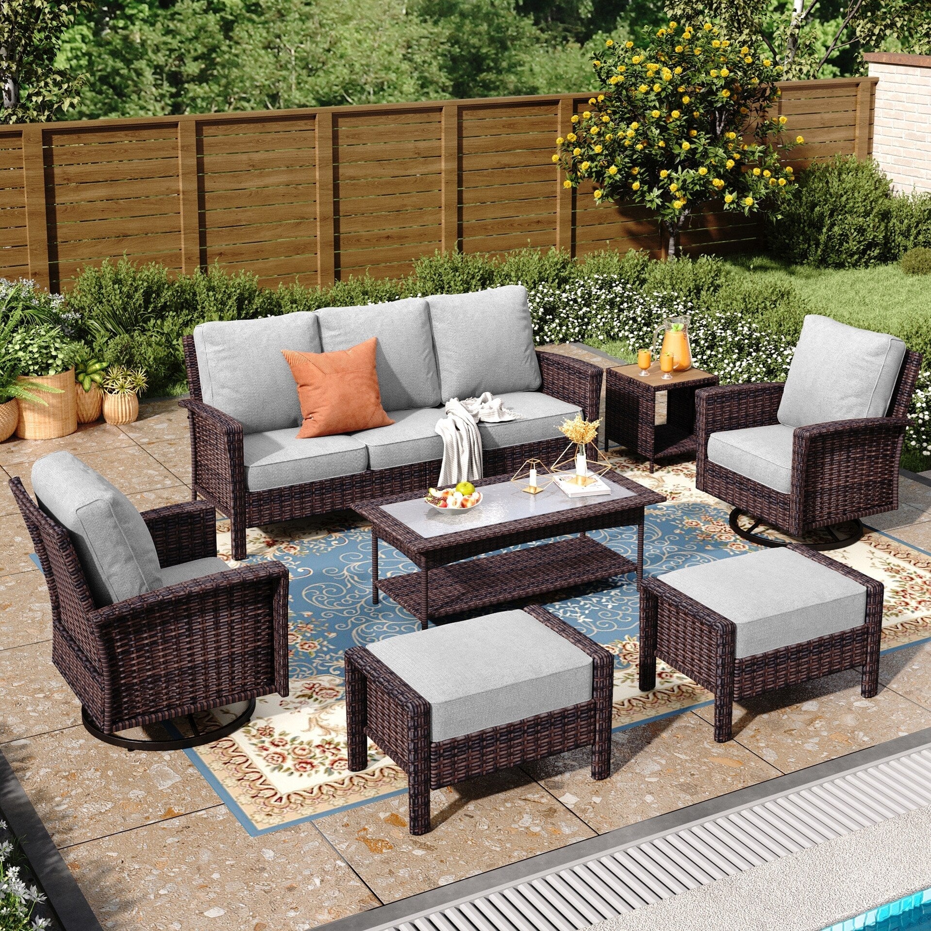 Ensemble de salon de jardin extra-large en osier MAISON ARTS 7 pièces avec table, siège surdimensionné et coussin rembourré de 5,5 pouces d'épaisseur