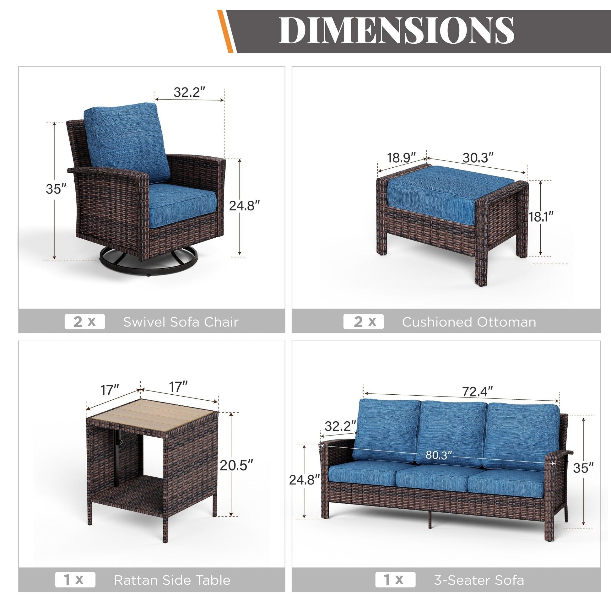 Ensemble de salon de jardin extra-large en osier MAISON ARTS 7 pièces avec table, siège surdimensionné et coussin rembourré de 5,5 pouces d'épaisseur