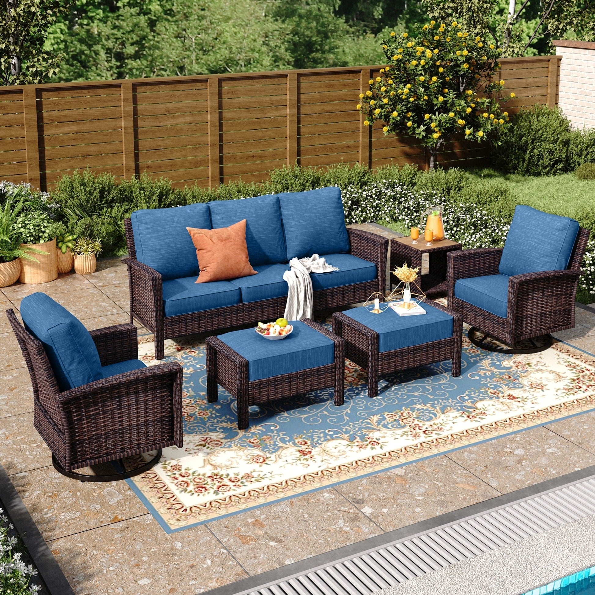 Ensemble de salon de jardin extra-large en osier MAISON ARTS 7 pièces avec table, siège surdimensionné et coussin rembourré de 5,5 pouces d'épaisseur