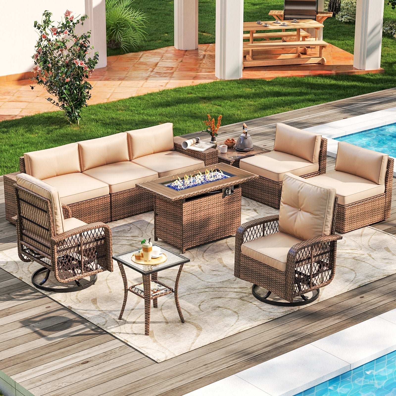 Ensemble de meubles de patio 10 pièces avec table et foyer