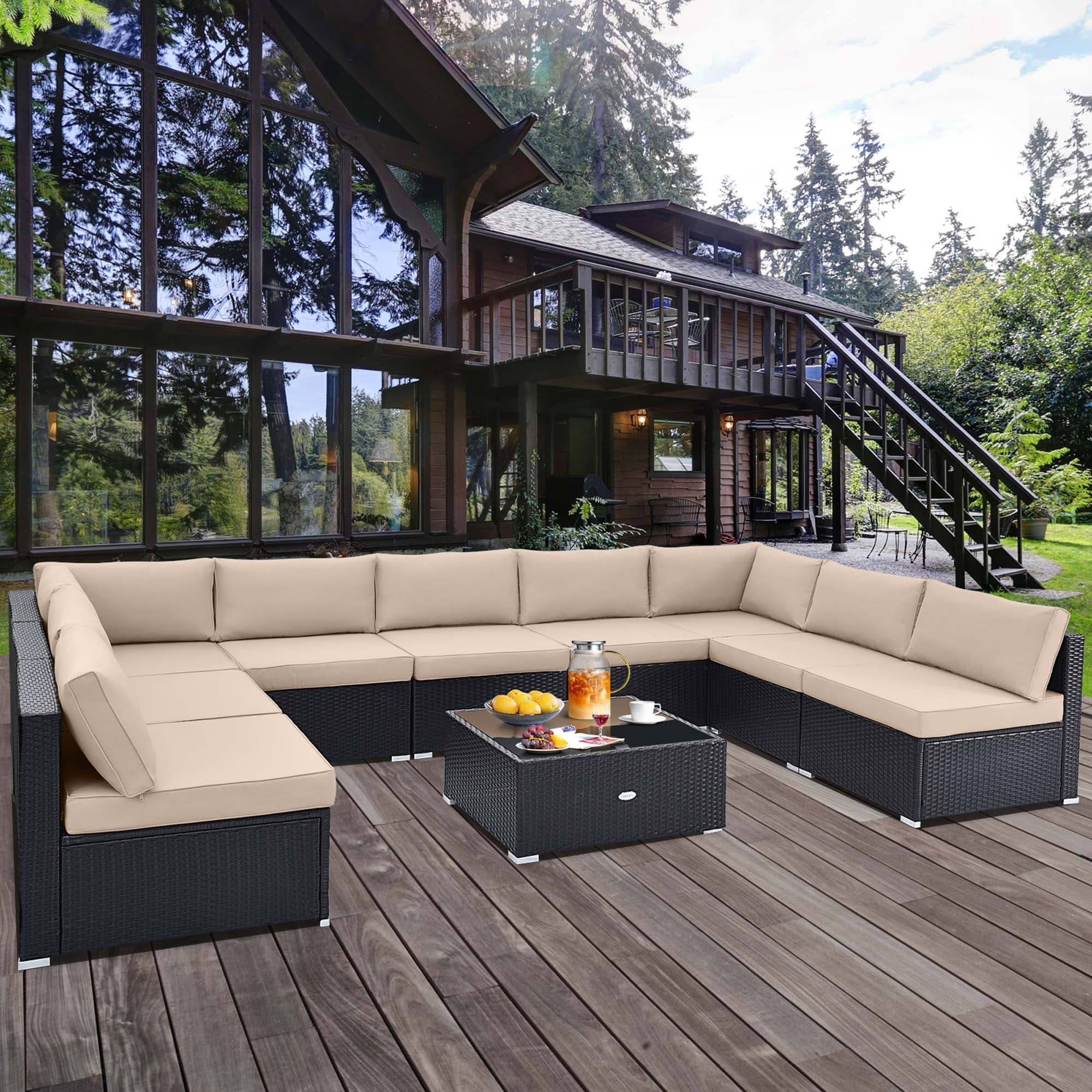 Ensemble de meubles de patio en rotin 10 pièces avec canapé en osier, table et siège rembourré
