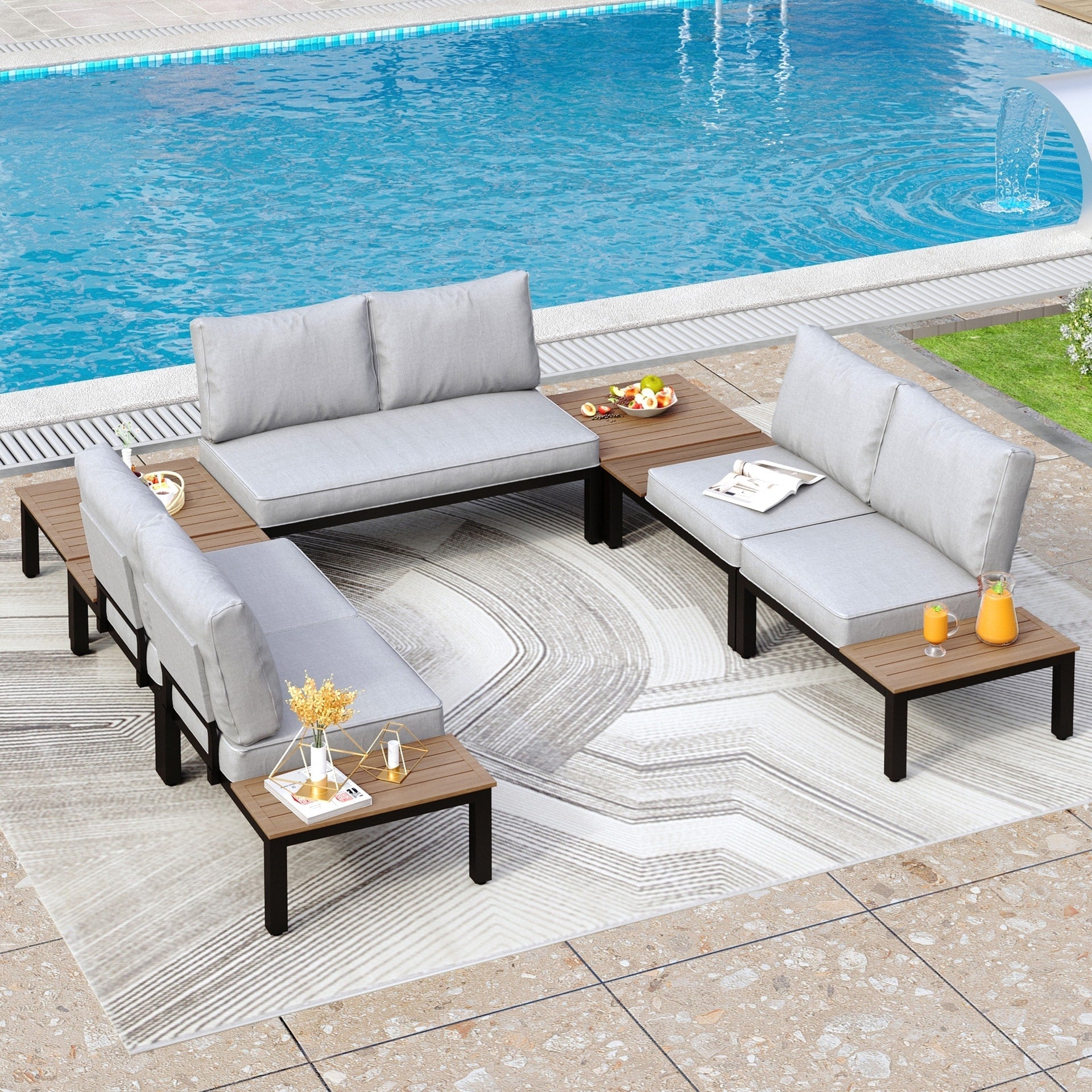 Ensemble de canapés sectionnels de patio 10 places, cadre en acier avec revêtement électrolytique, ensembles de conversation avec table d'appoint intégrée, coussin gris 30