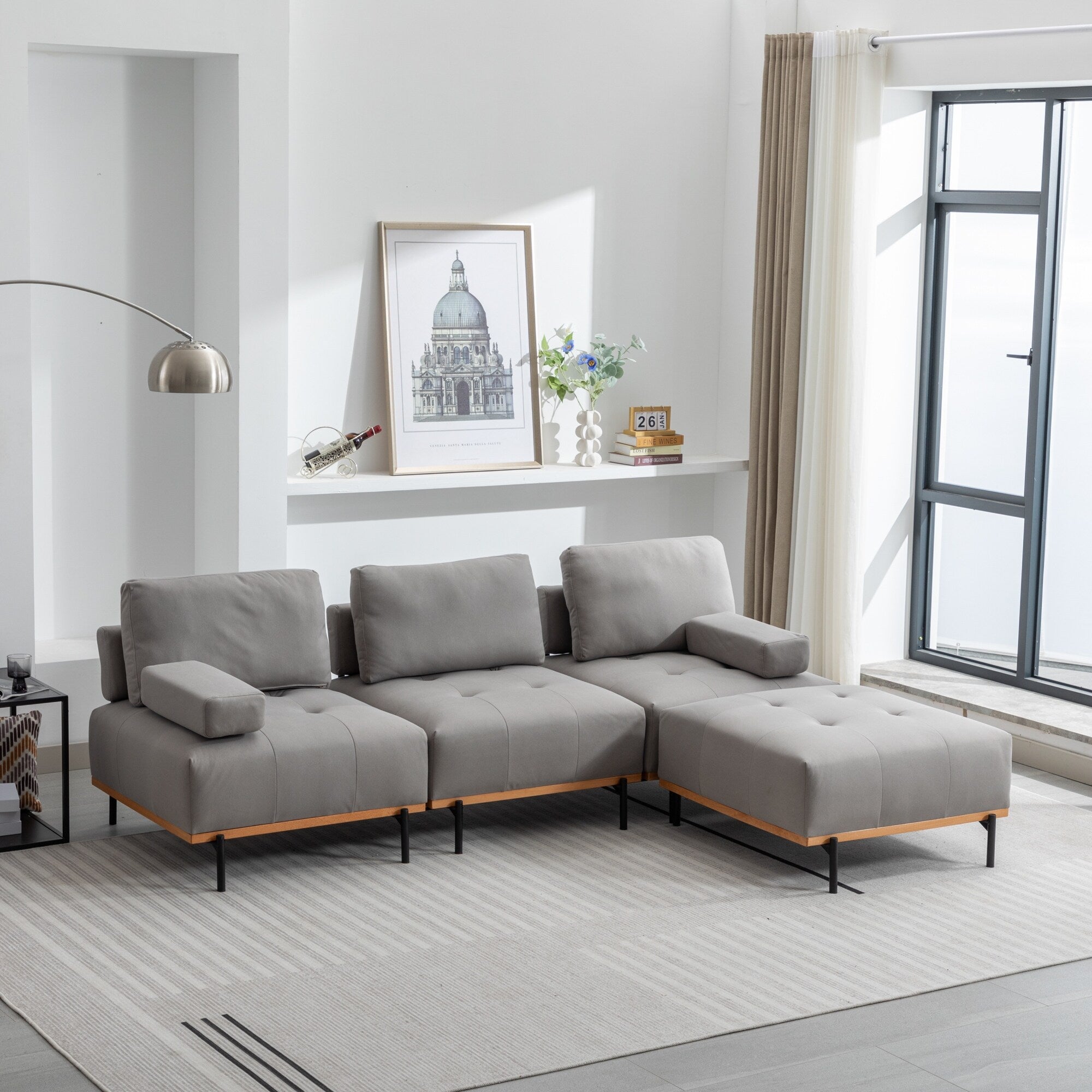 Canapé en L en tissu de 100,7 po avec pouf amovible et pieds en métal