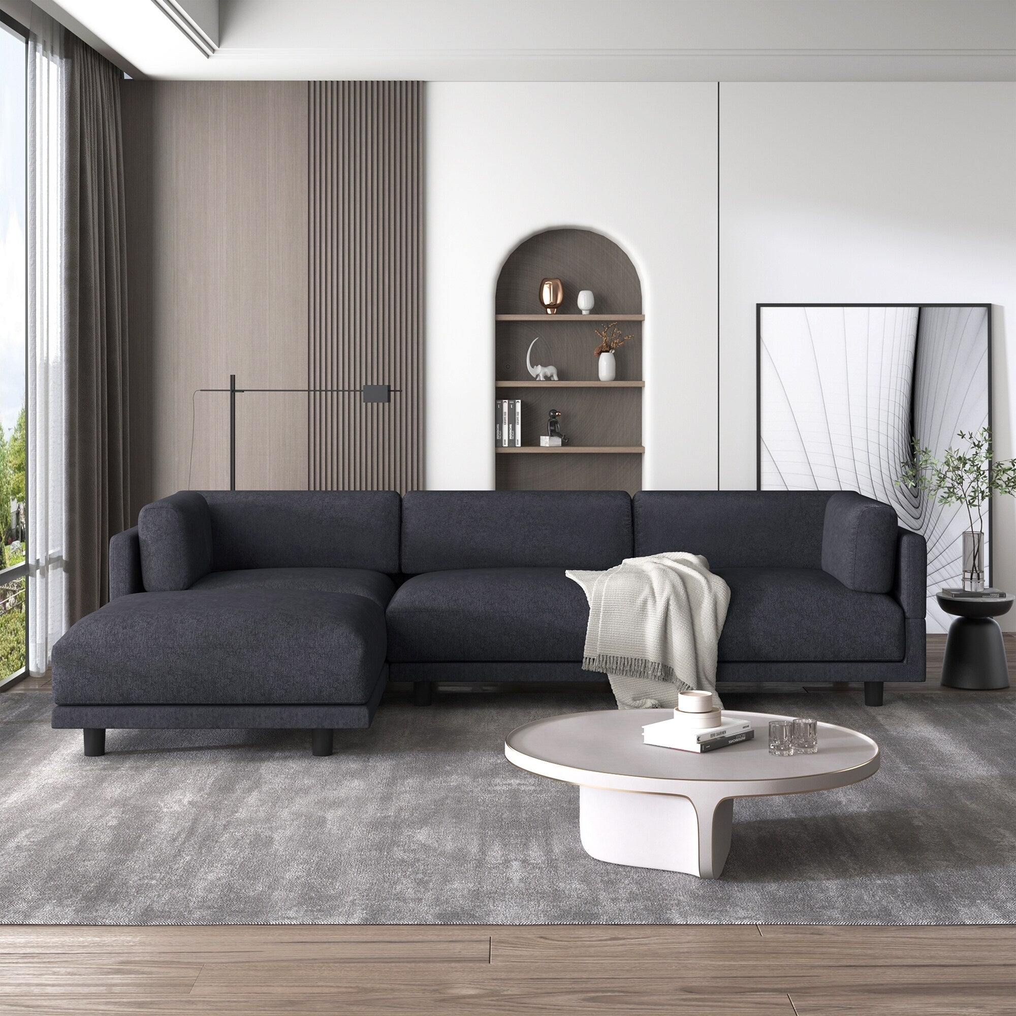 Canapé sectionnel en L en polyester 102,4 avec repose-pieds réversible, coussins épais et pieds en plastique résistants