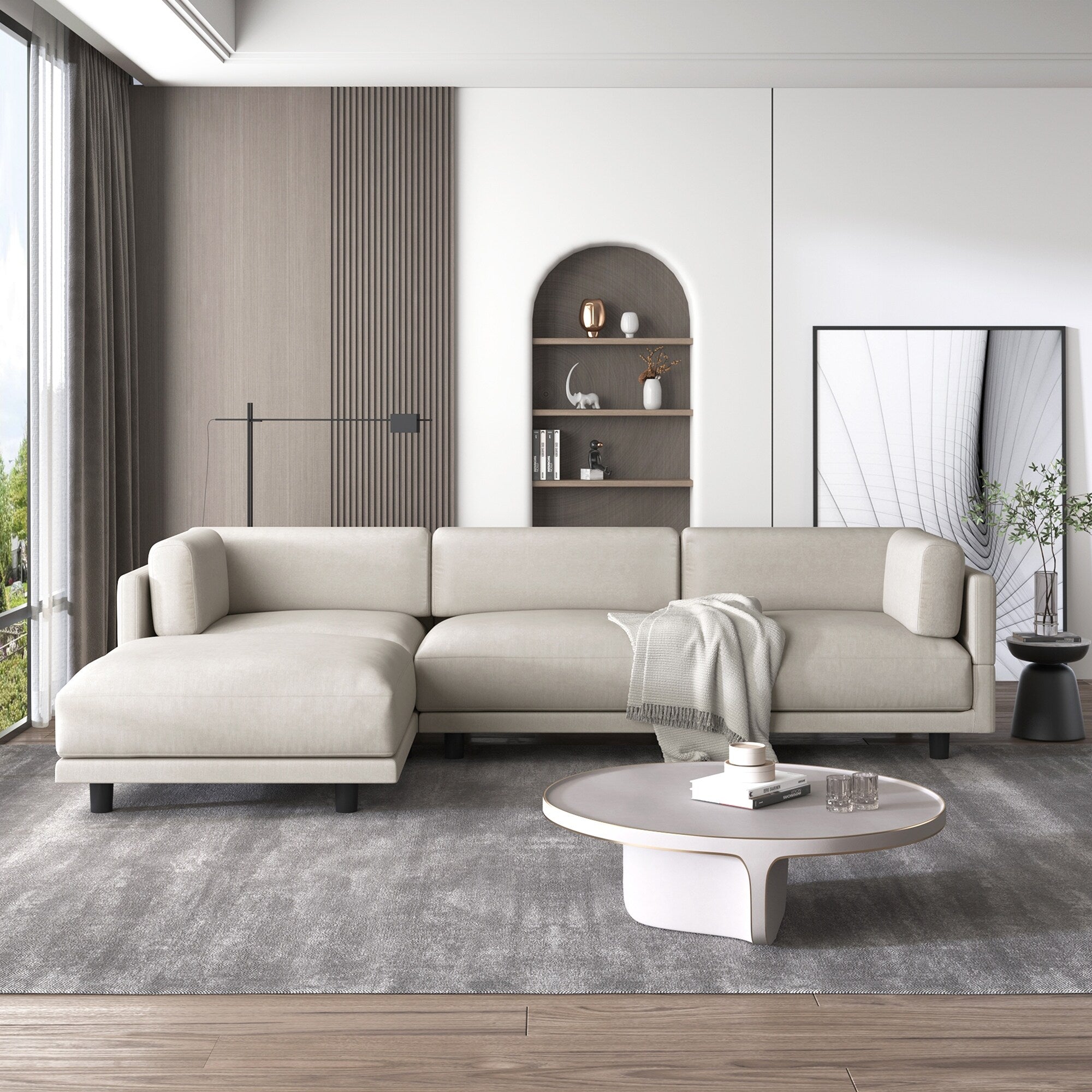 Canapé sectionnel en L en polyester 102,4 avec repose-pieds réversible, coussins épais et pieds en plastique résistants 19